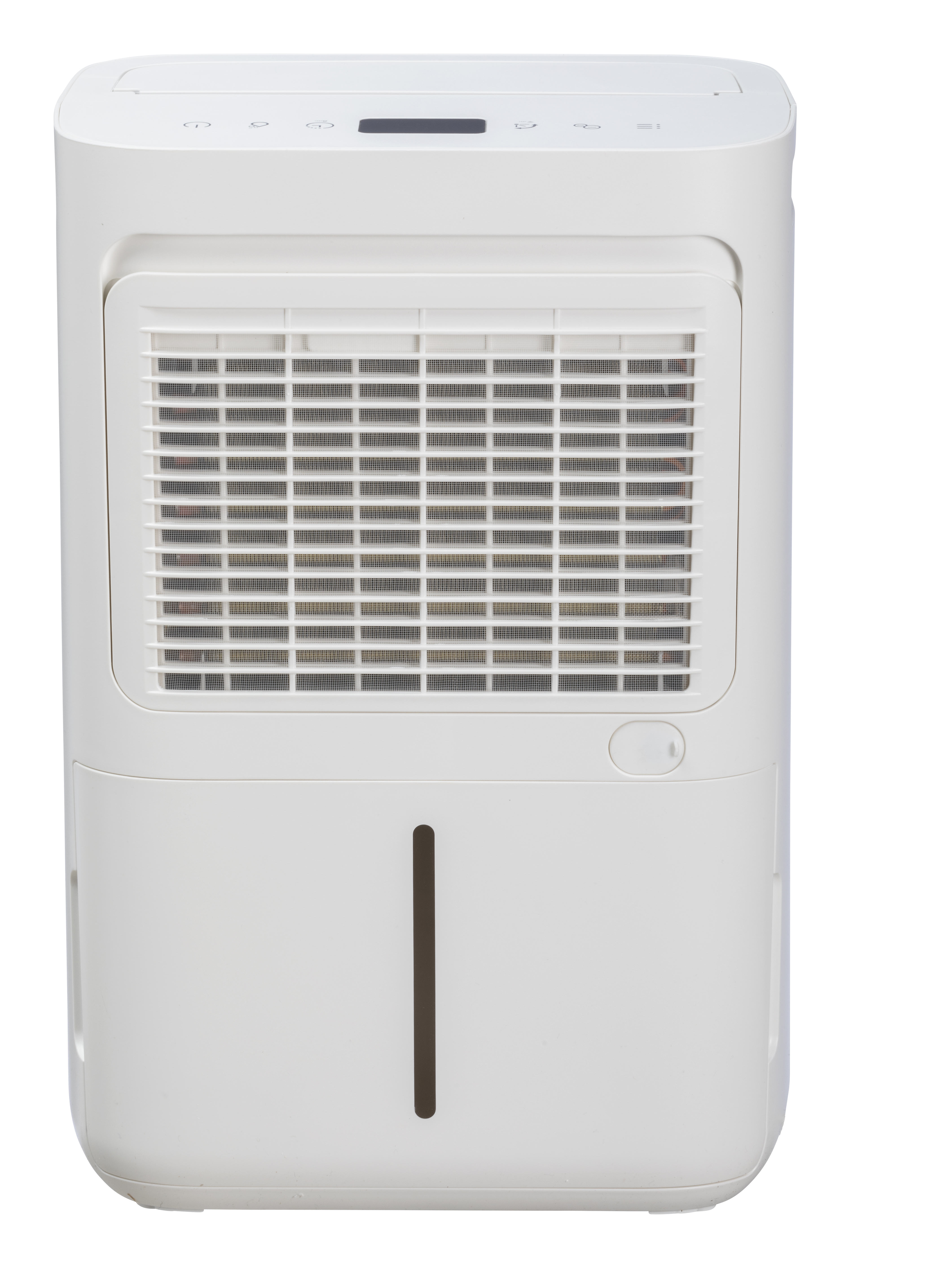 White dehumidifier with ventilation grille and water tank.