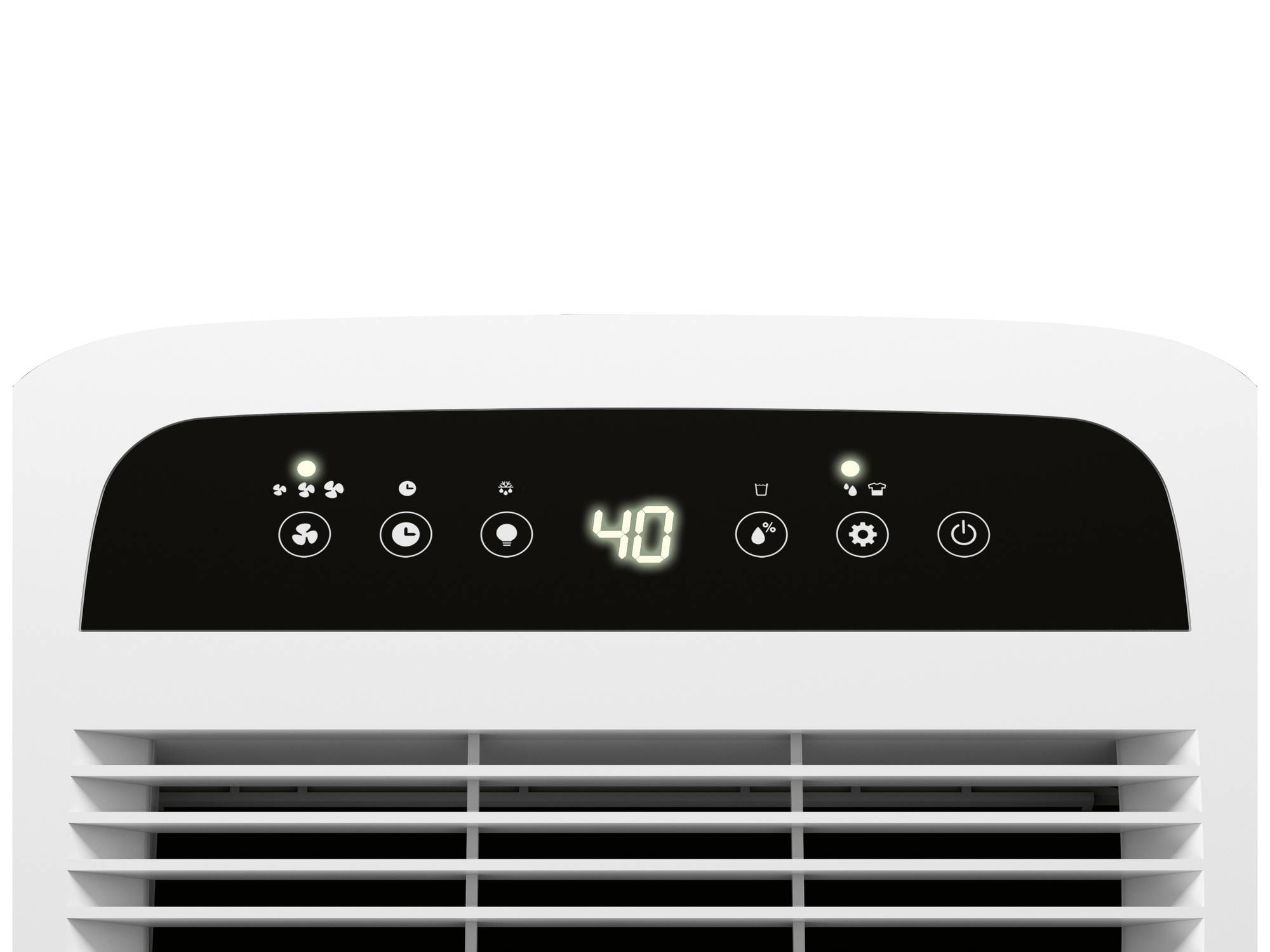 Biały klimatyzator z cyfrowym wyświetlaczem pokazującym 40.