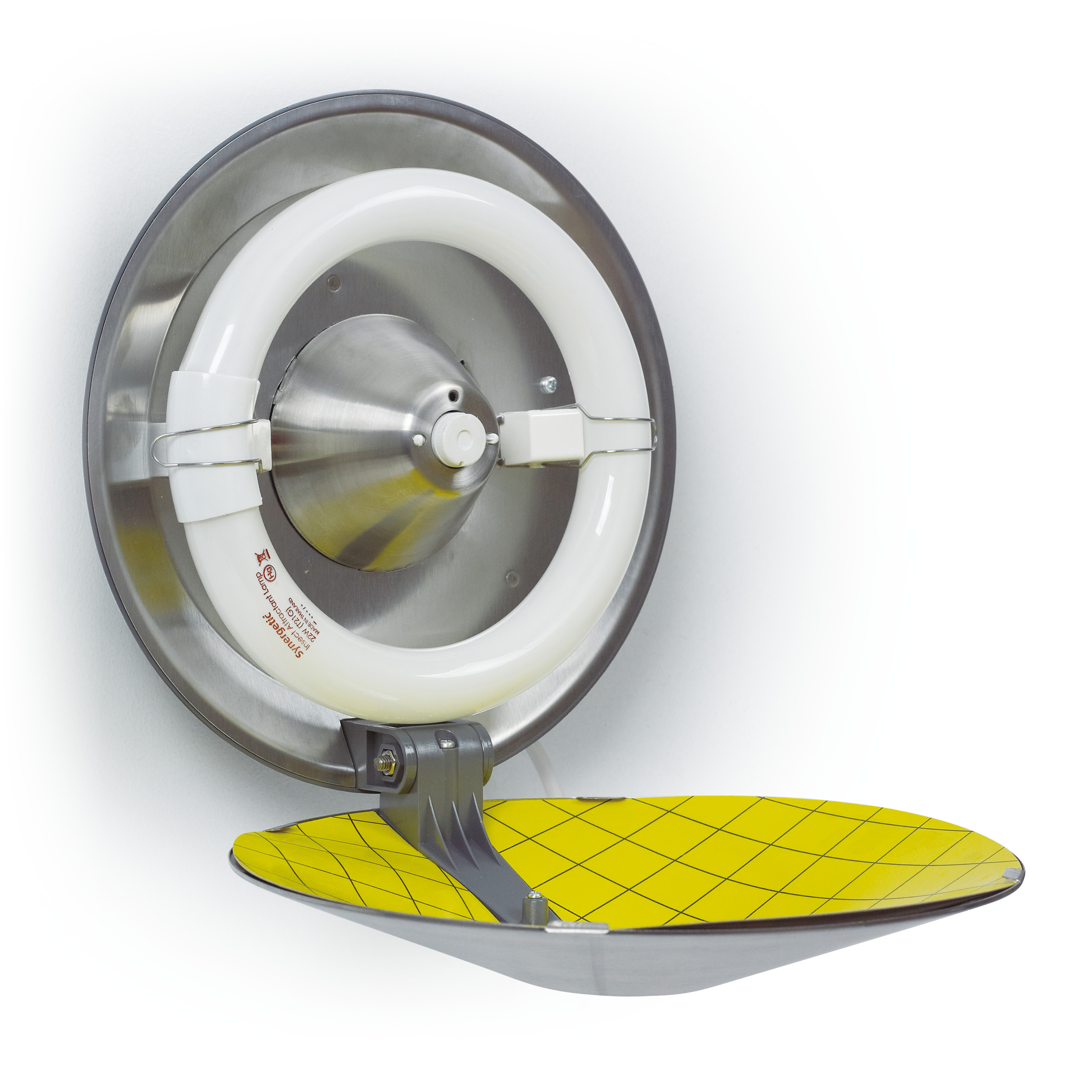A round stainless steel insect lamp with a fluorescent tube ring.