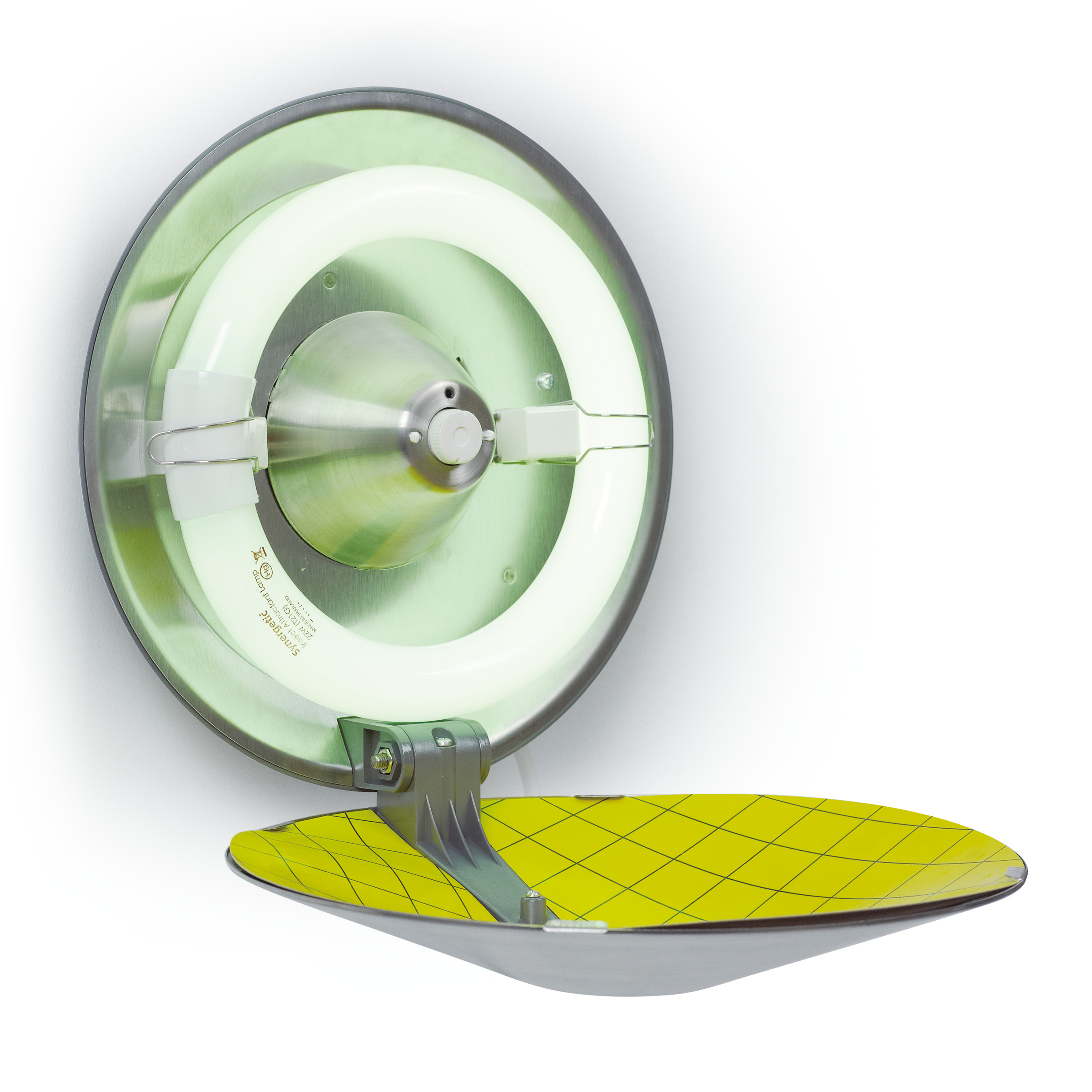 A round insect killer with a fluorescent tube and a yellow sticky surface.