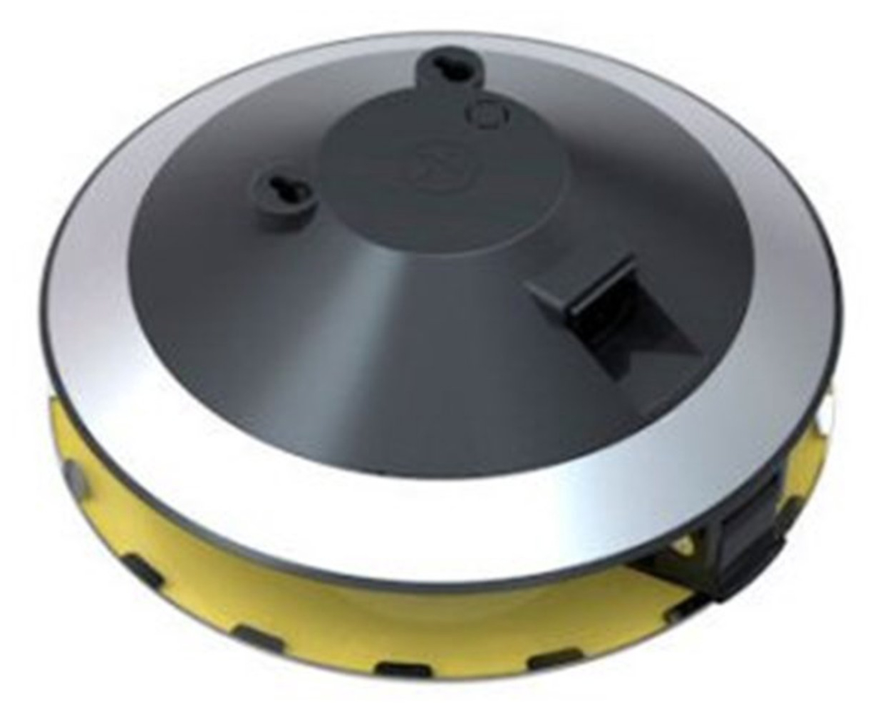 Round black and silver object with a yellow stripe at the bottom.