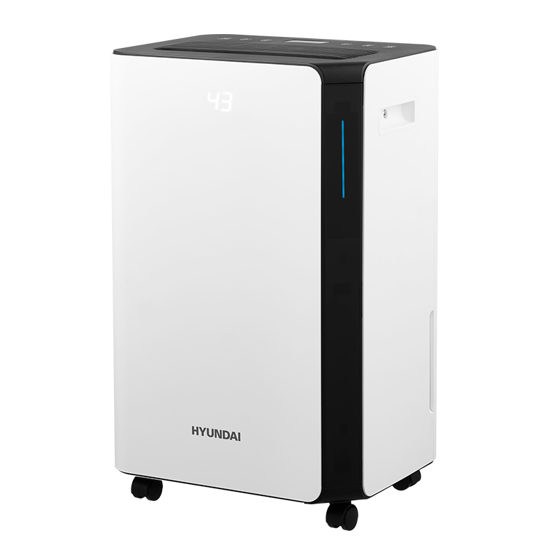 A white dehumidifier with a black frame and wheels.