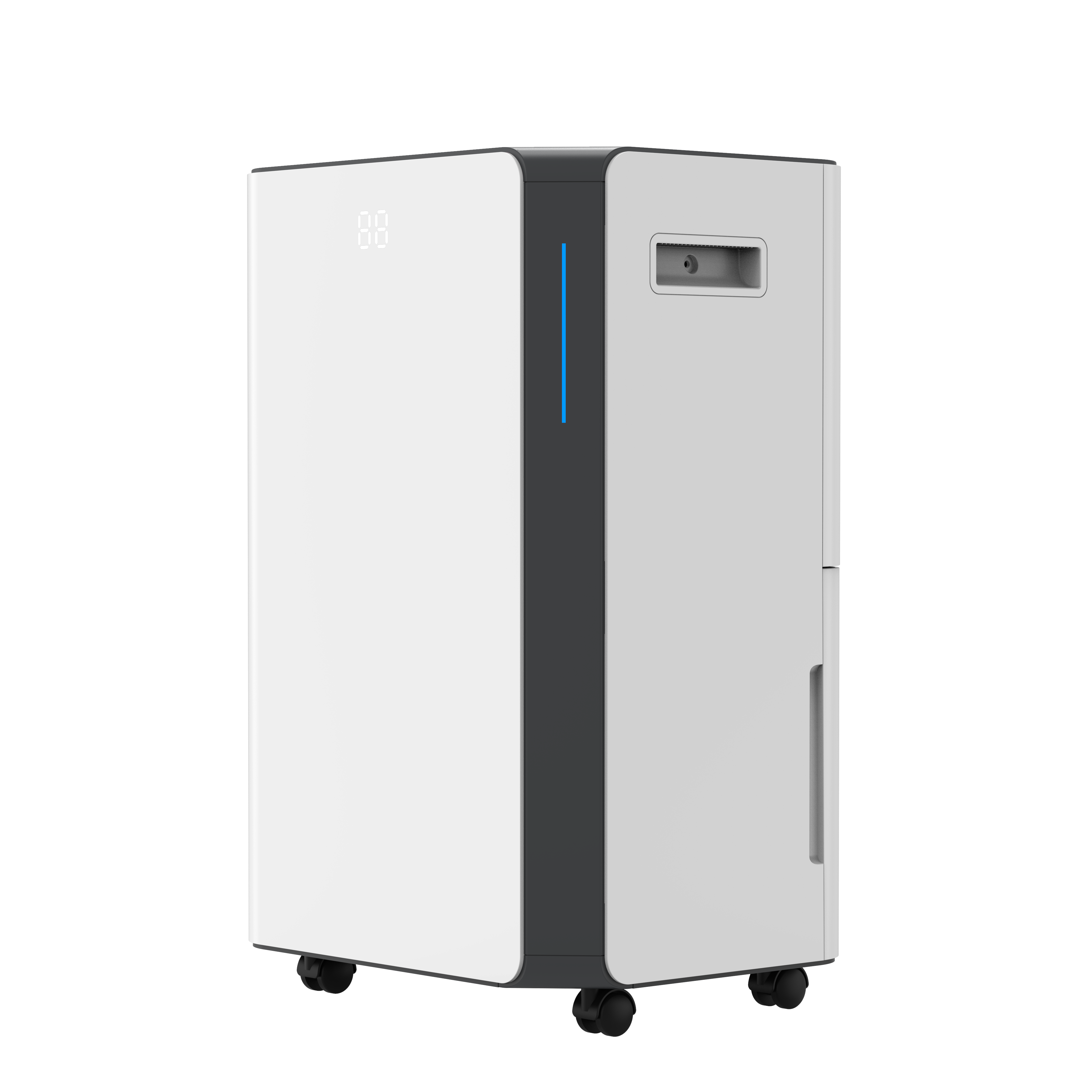 A white dehumidifier with gray accents on wheels.