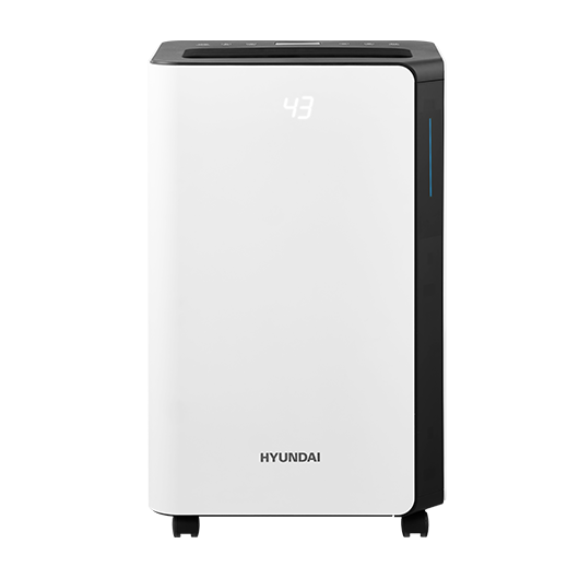 A white dehumidifier with a black frame and a digital display showing 43.