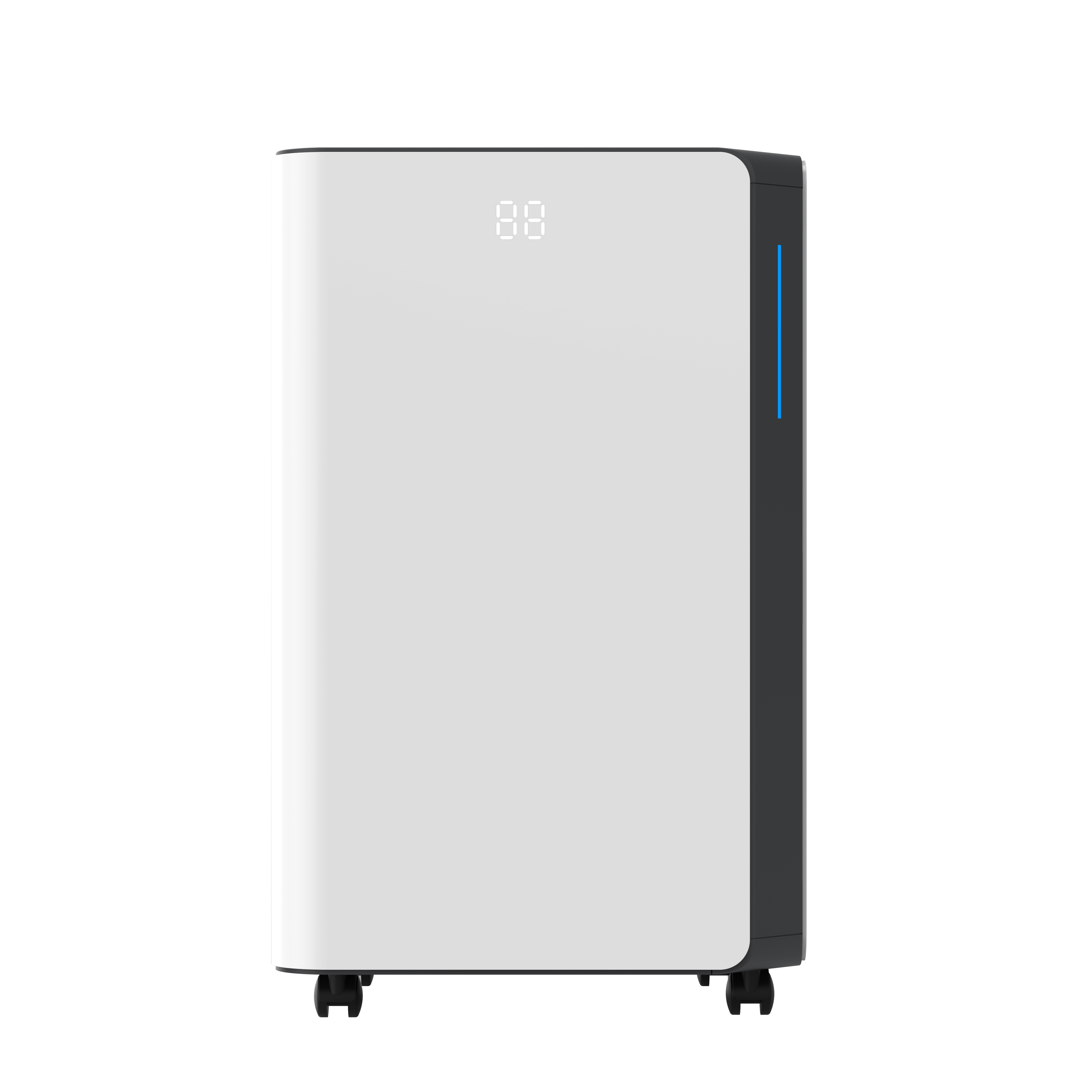 A white air purifier with a digital display and wheels.