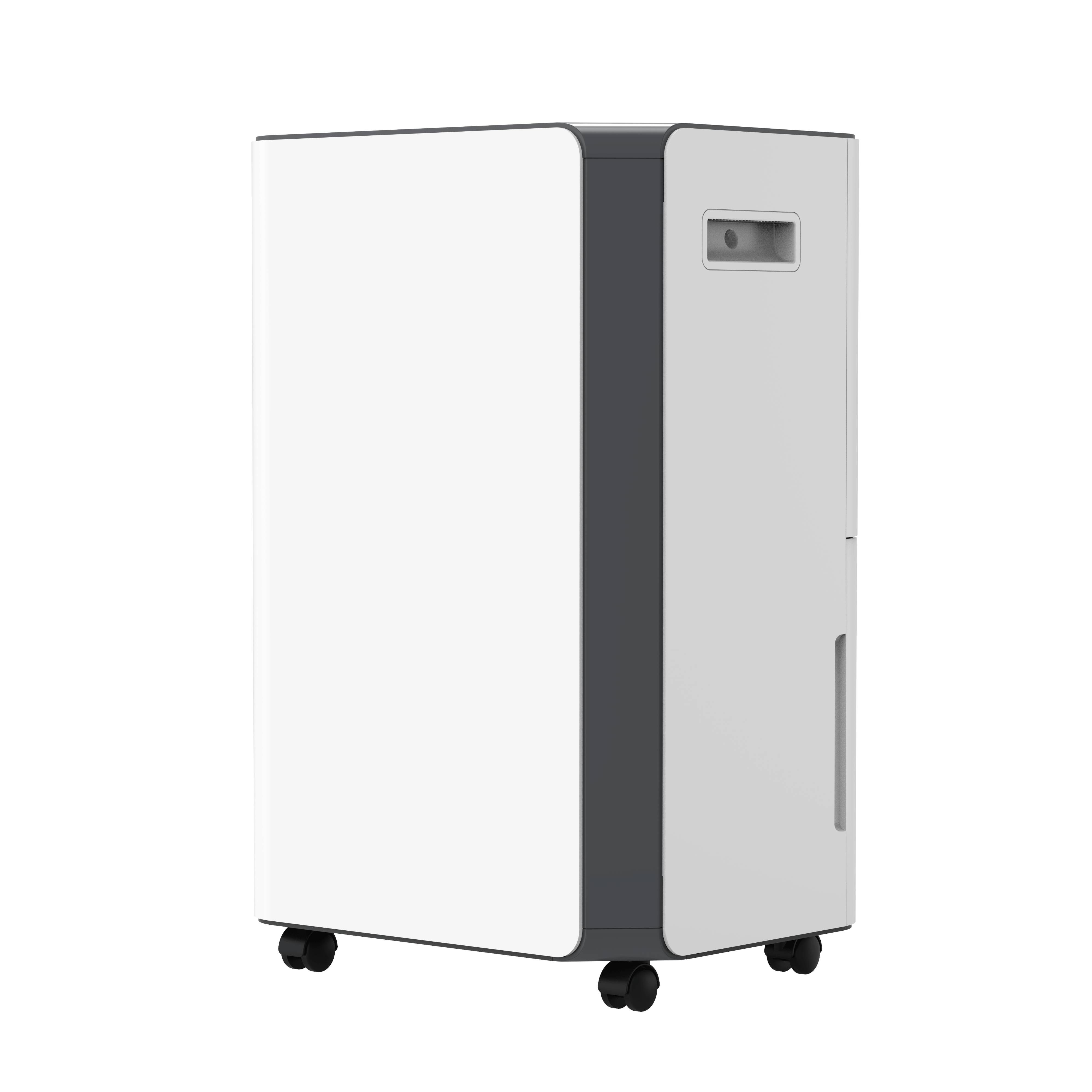 A white dehumidifier with dark accents and wheels stands on a white surface.
