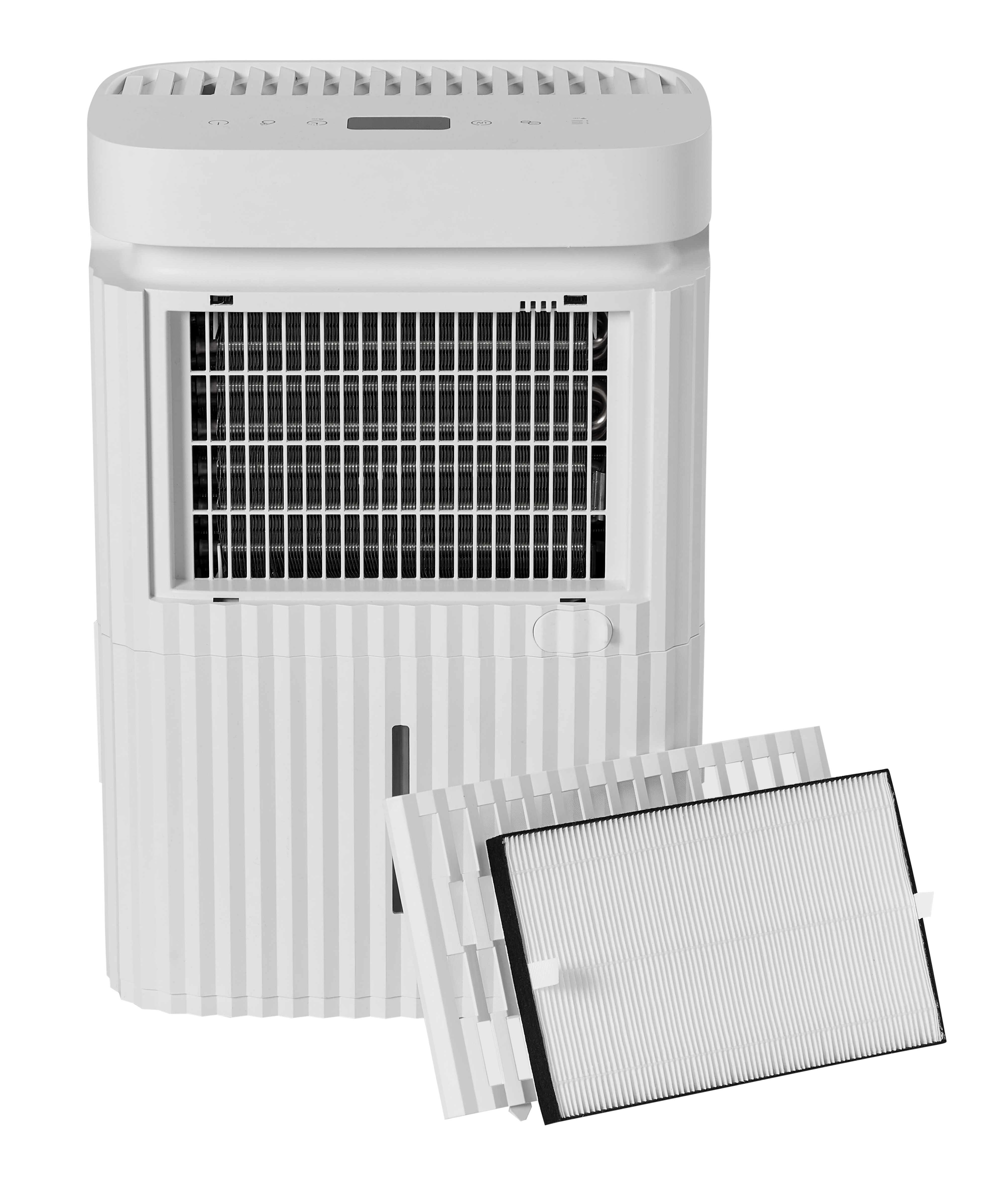 A white air purifier with filters removed, set against a white background.