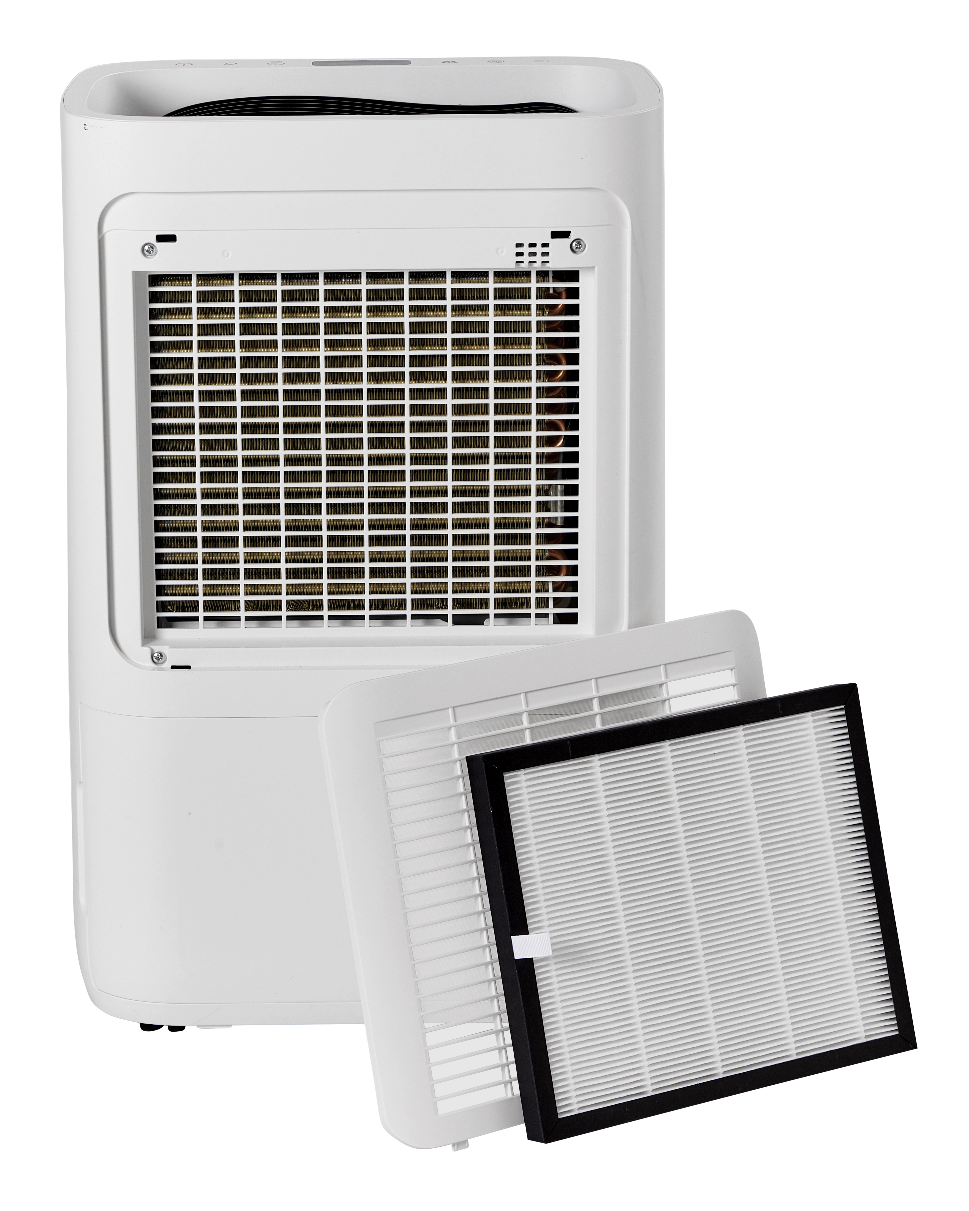 A white air purifier with its filter removed.