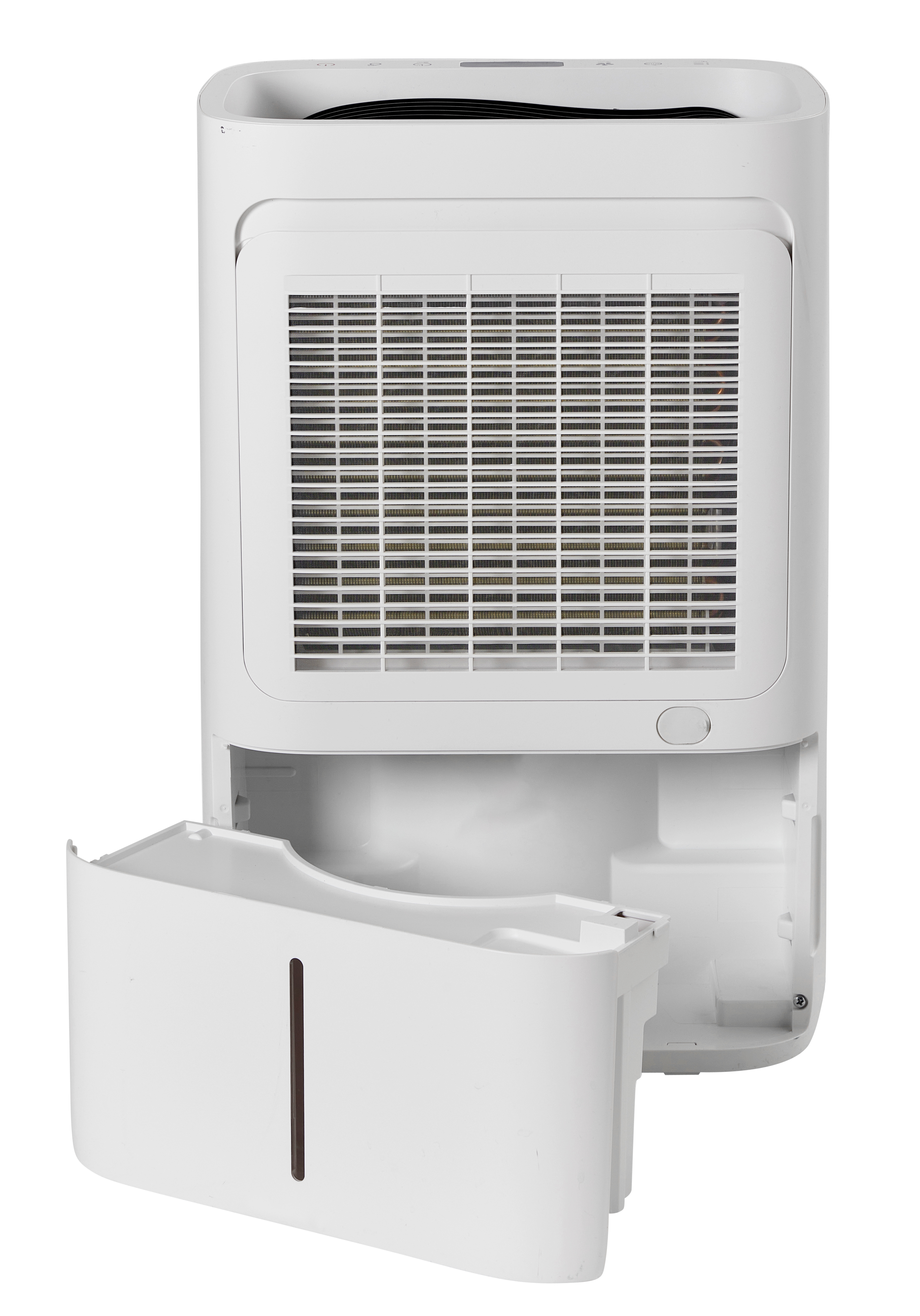 A white dehumidifier with its water tank pulled out and a vent grill.