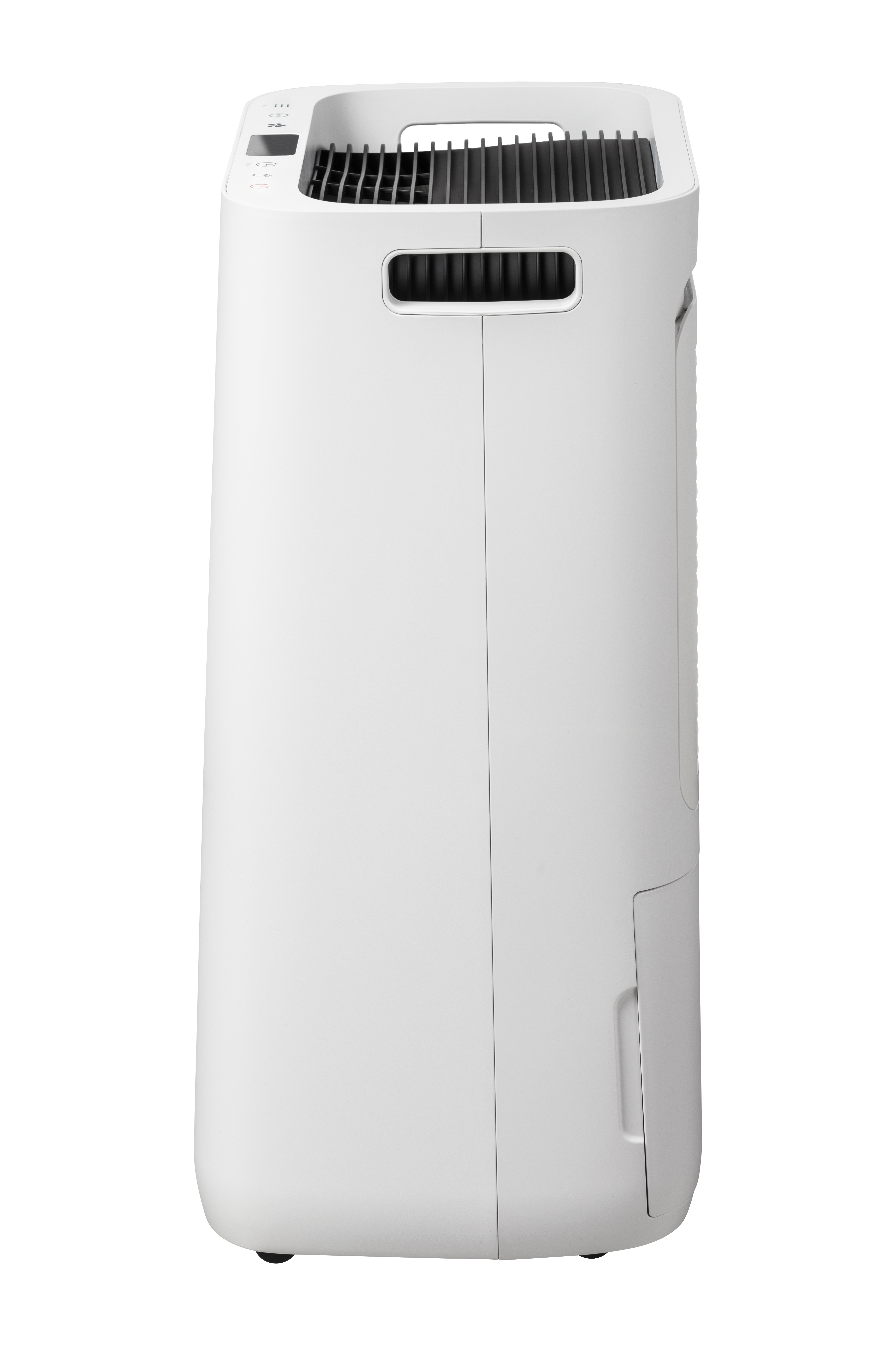 A white dehumidifier with a black air vent and control panel.