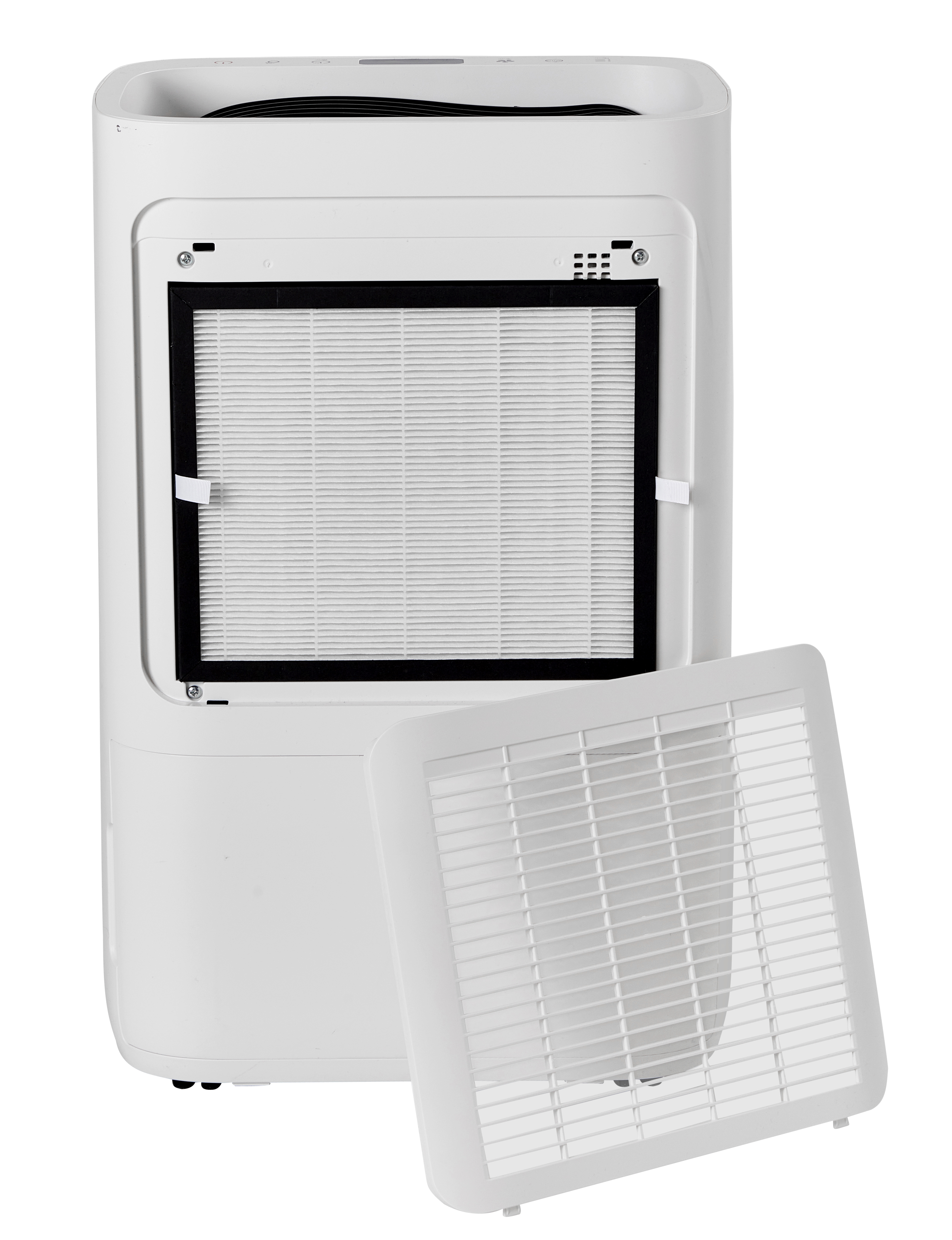 A white air purifier with an open compartment and exposed filter.