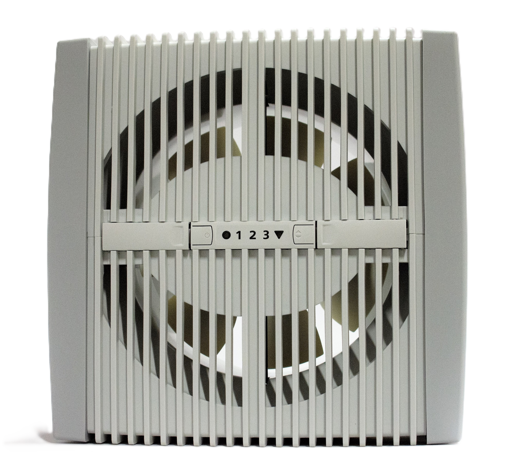Gray fan with grille and blades, black background.
