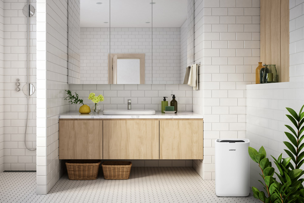 Modern bathroom with white subway tiles, wooden vanity, sink, shower, and air purifier.