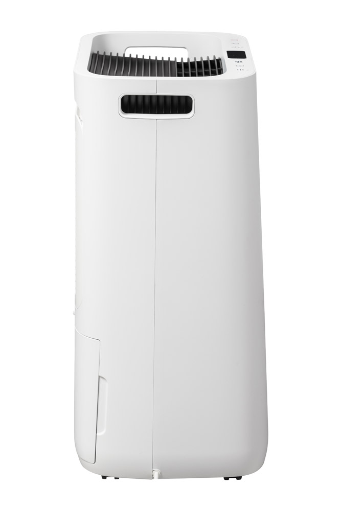 A white dehumidifier with handles and vents, shown from the side.