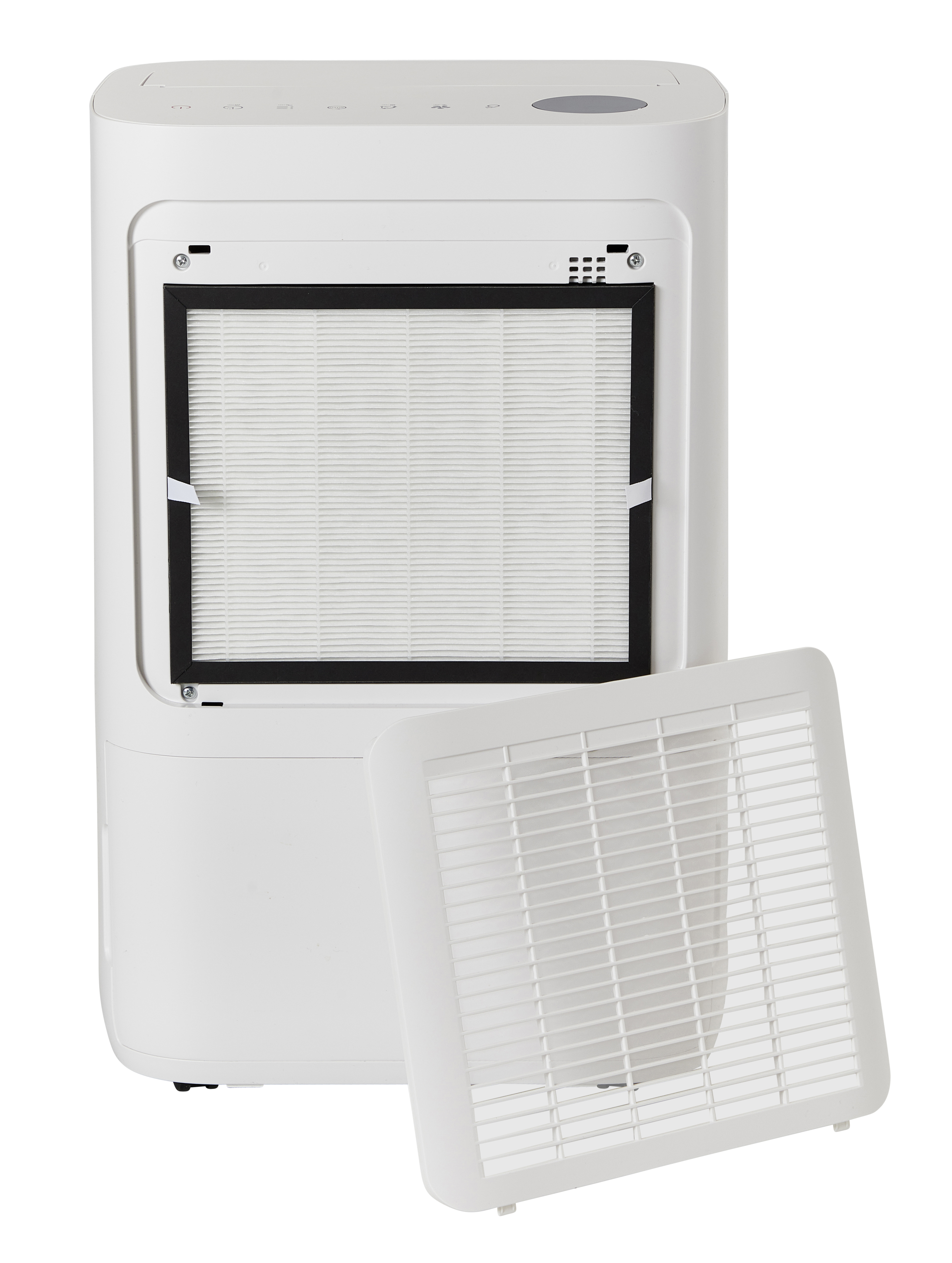 A white air purifier with its filter and cover removed.