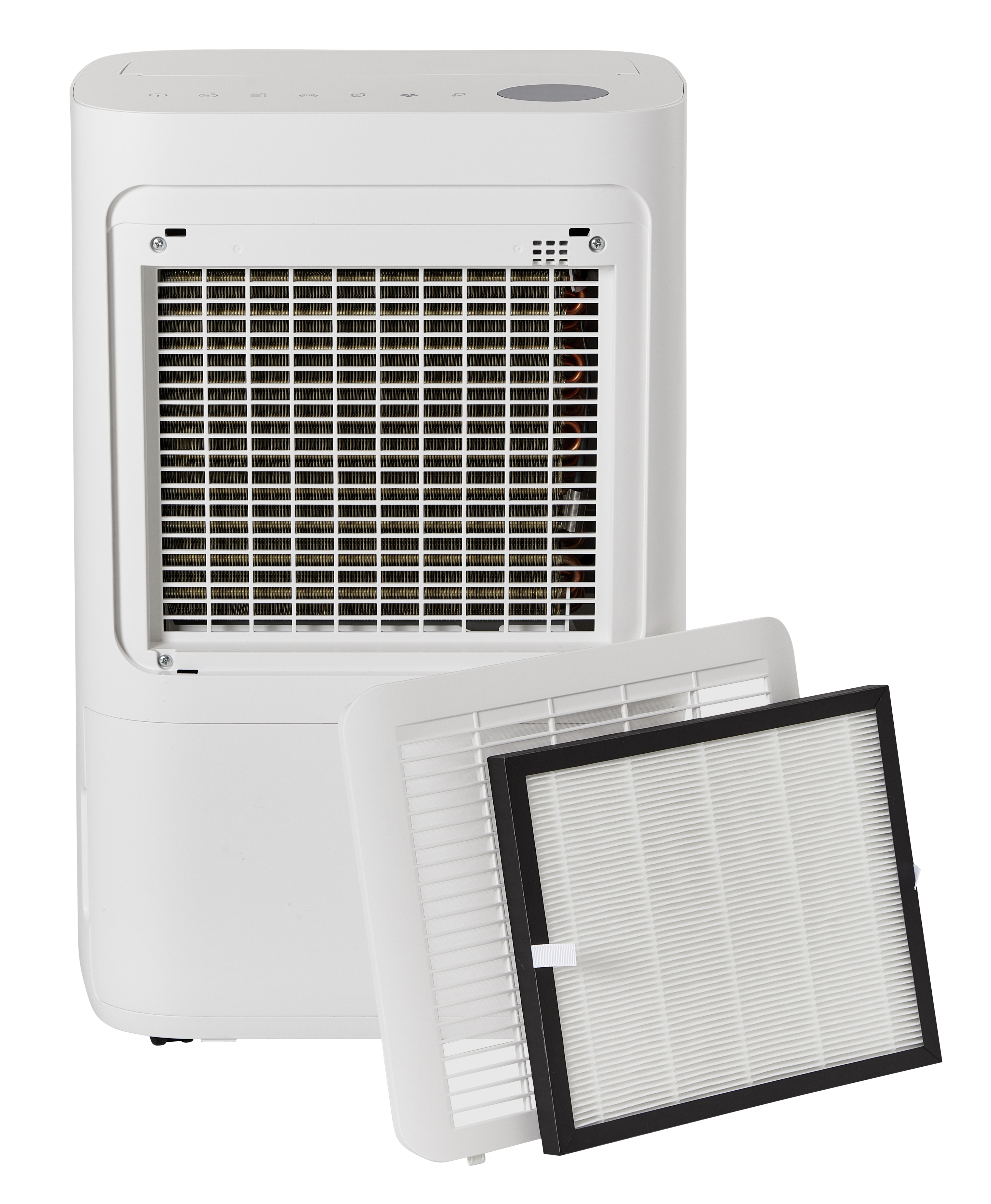 White air purifier with front panel removed showing filter and grill.