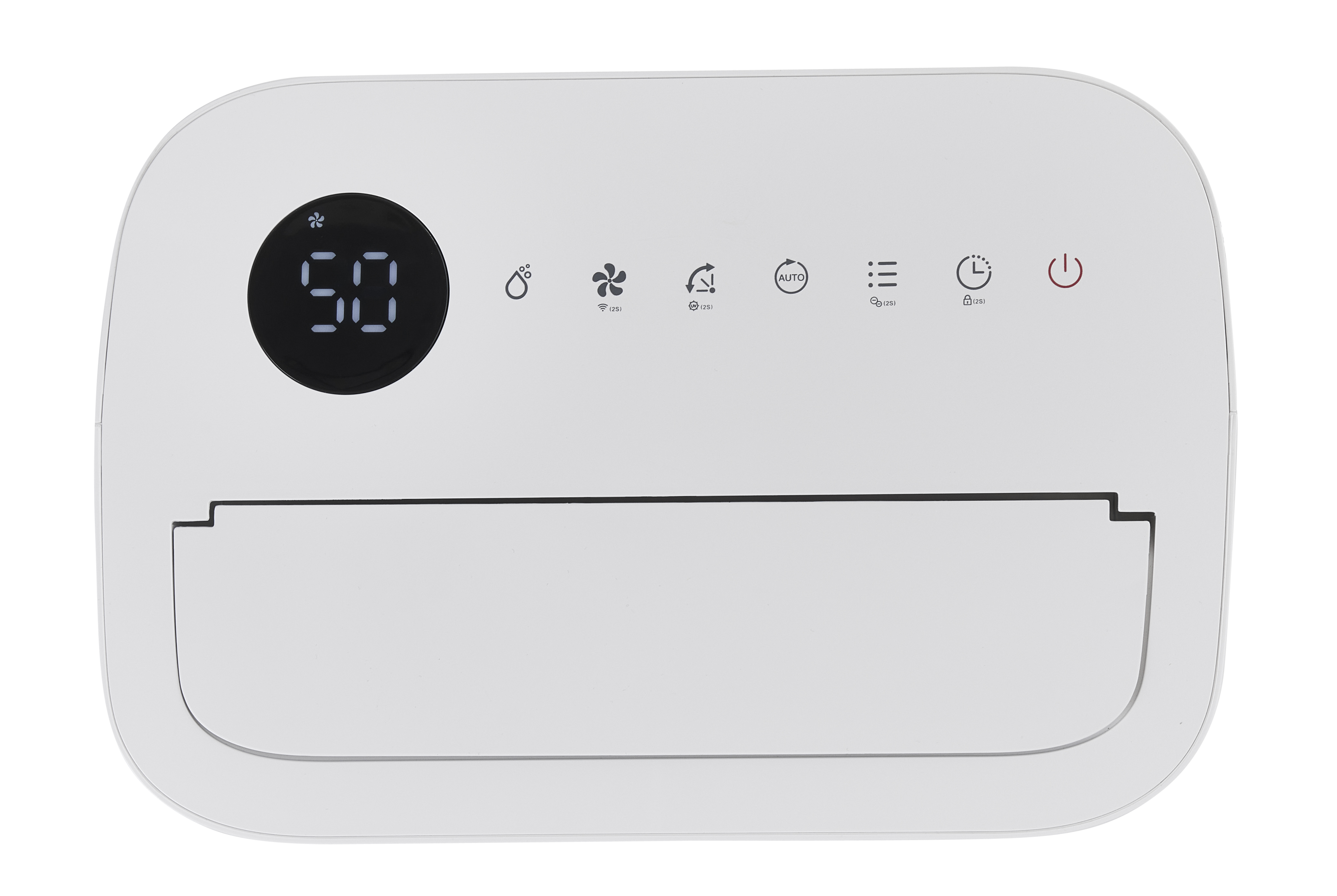 A white dehumidifier with a digital display and control buttons.
