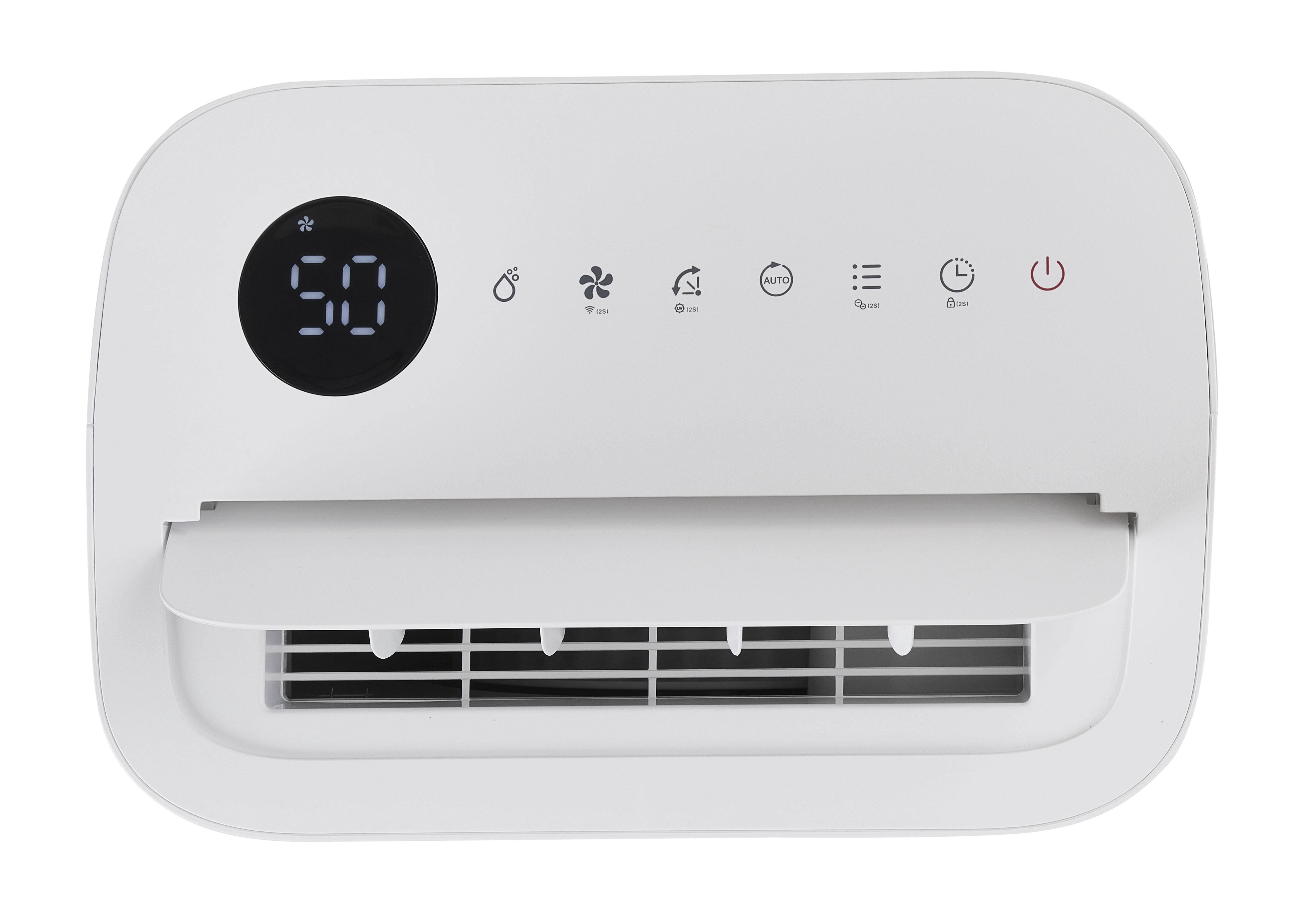 A white dehumidifier with a digital display and control buttons.