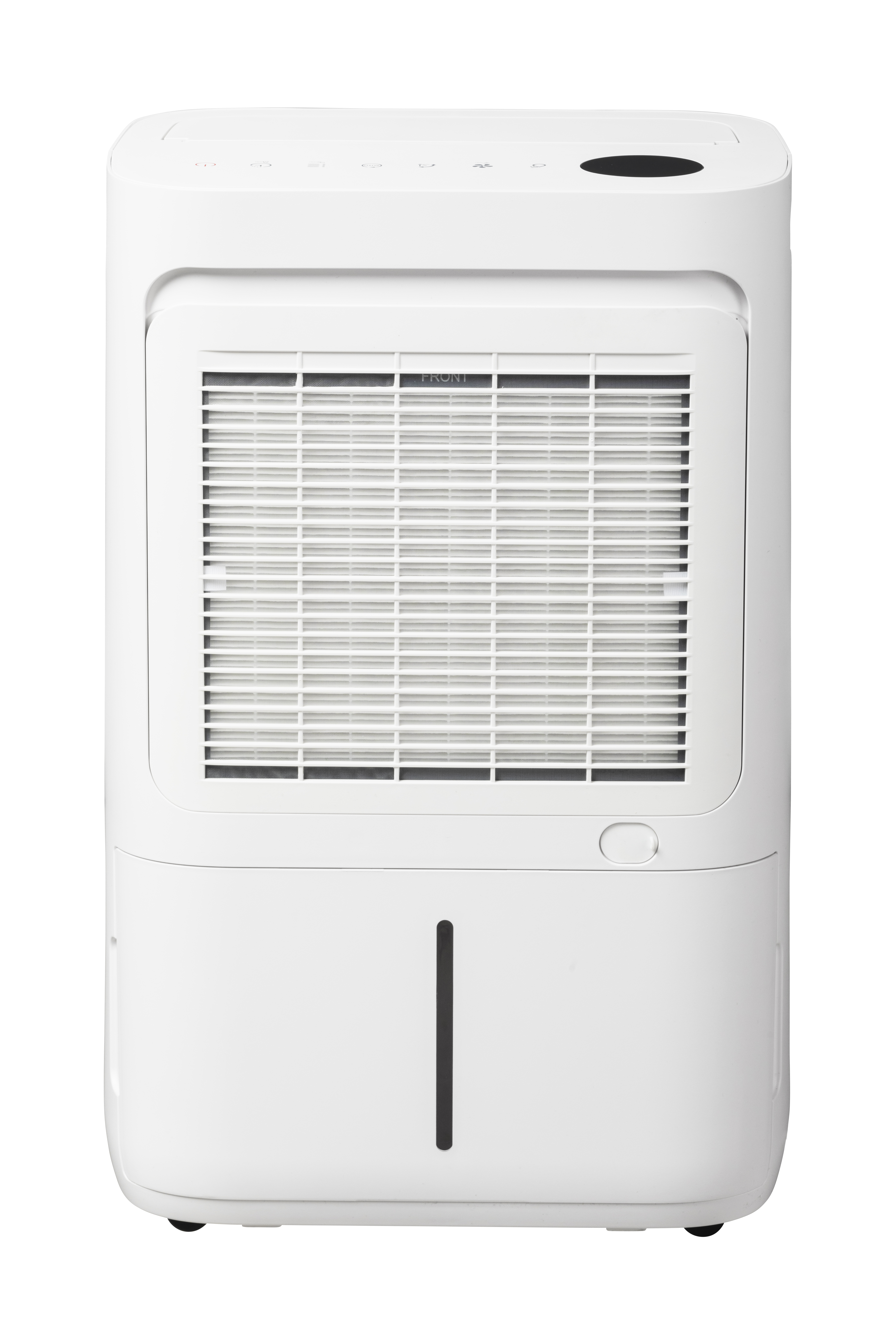 A white dehumidifier with a ventilation grille and a water level indicator.