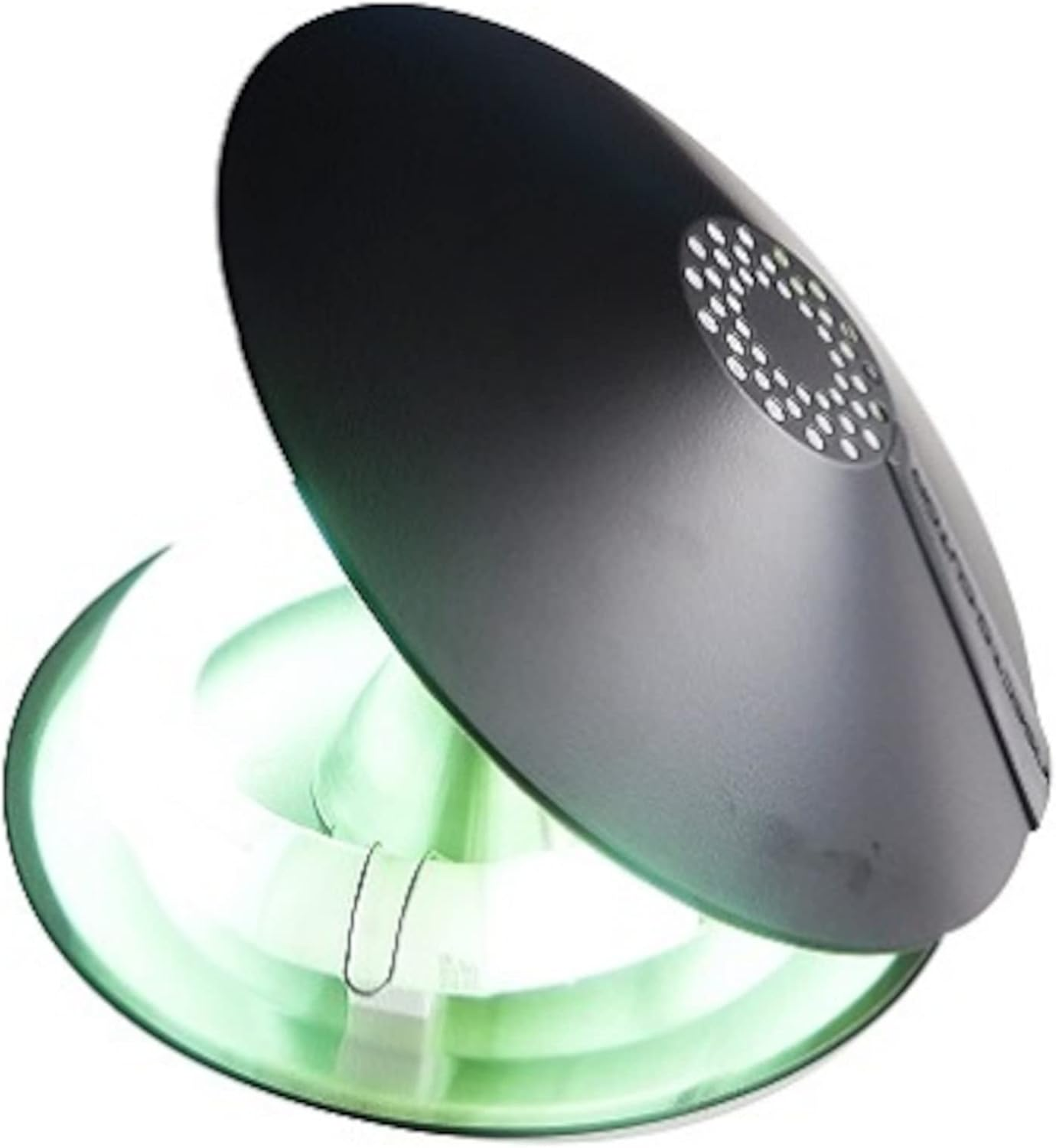 A black lamp with a circular light source emitting green light.