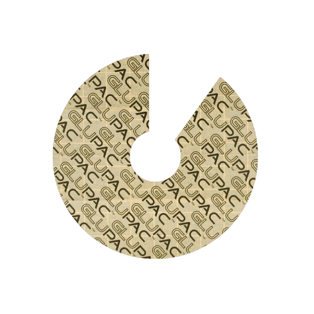 A circular object with a cutout, printed with the GLUPAC pattern.