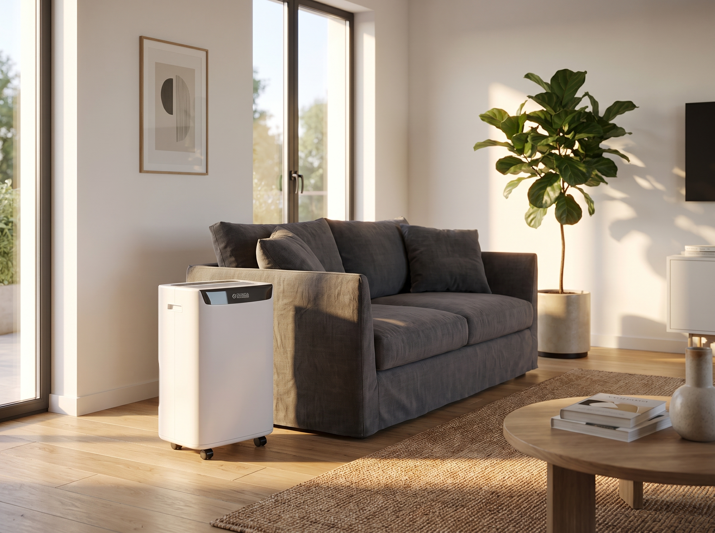 Modern living room with sofa, air purifier, plant, coffee table, and picture.