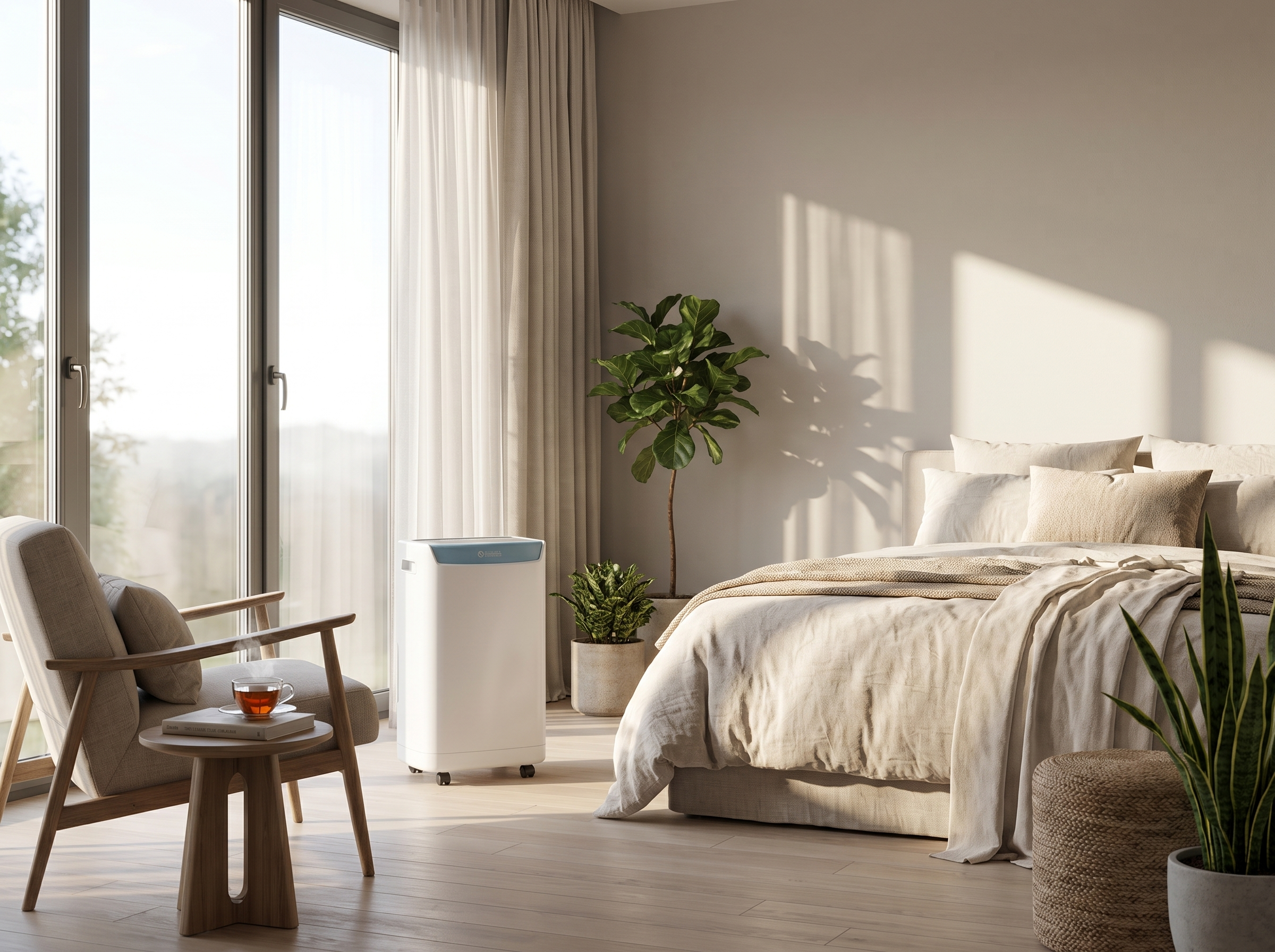 Un dormitorio luminoso con cama, sillón, mesa y purificador de aire.