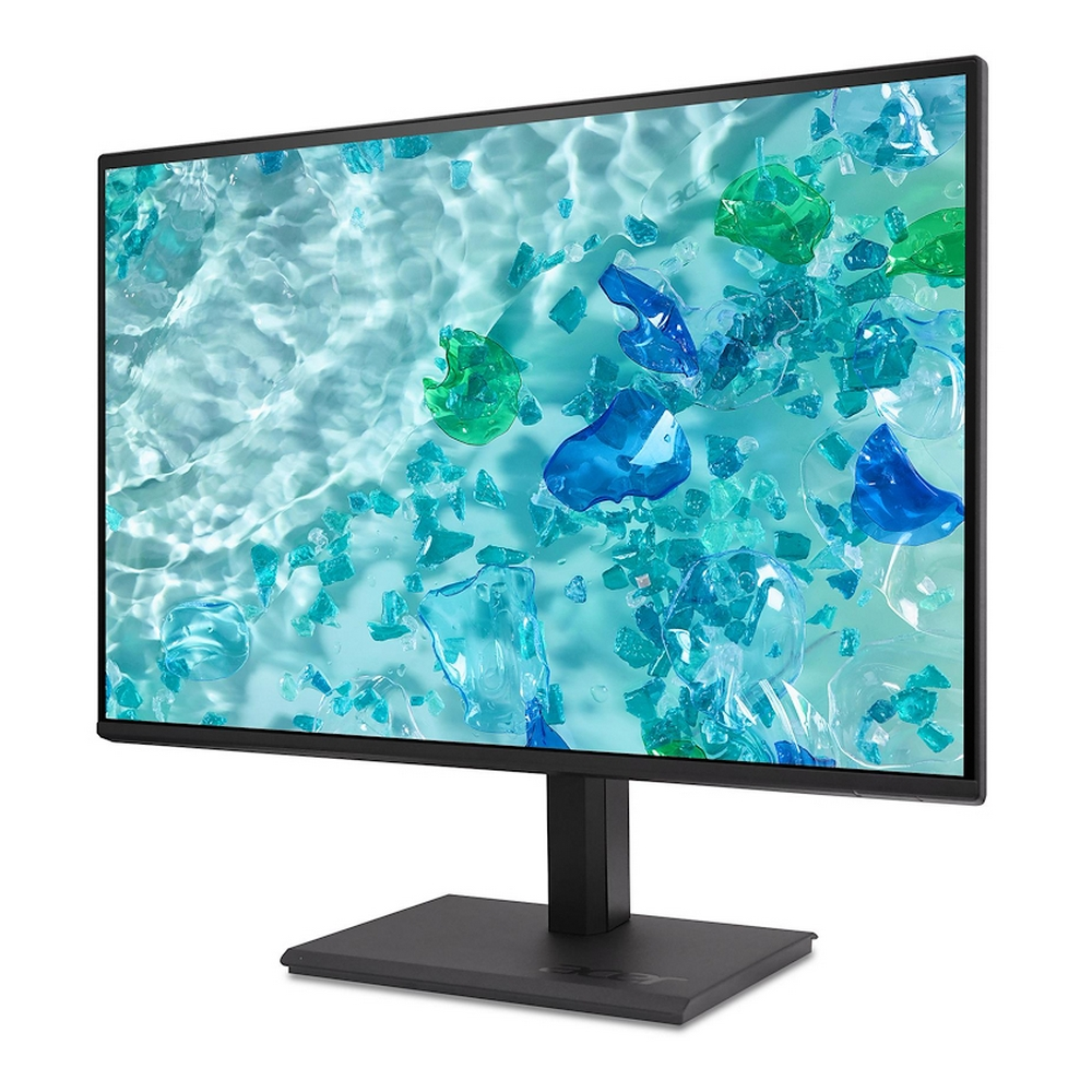 Un monitor moderno con uno sfondo astratto di frammenti di vetro blu e verdi.