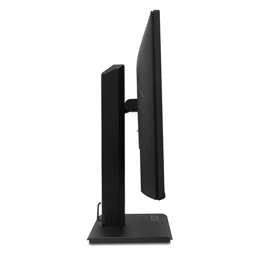 Vista laterale di un monitor nero su sfondo bianco, con il suo supporto visibile.