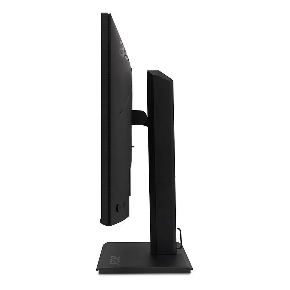 Monitor di computer nero visto di lato su sfondo bianco.
