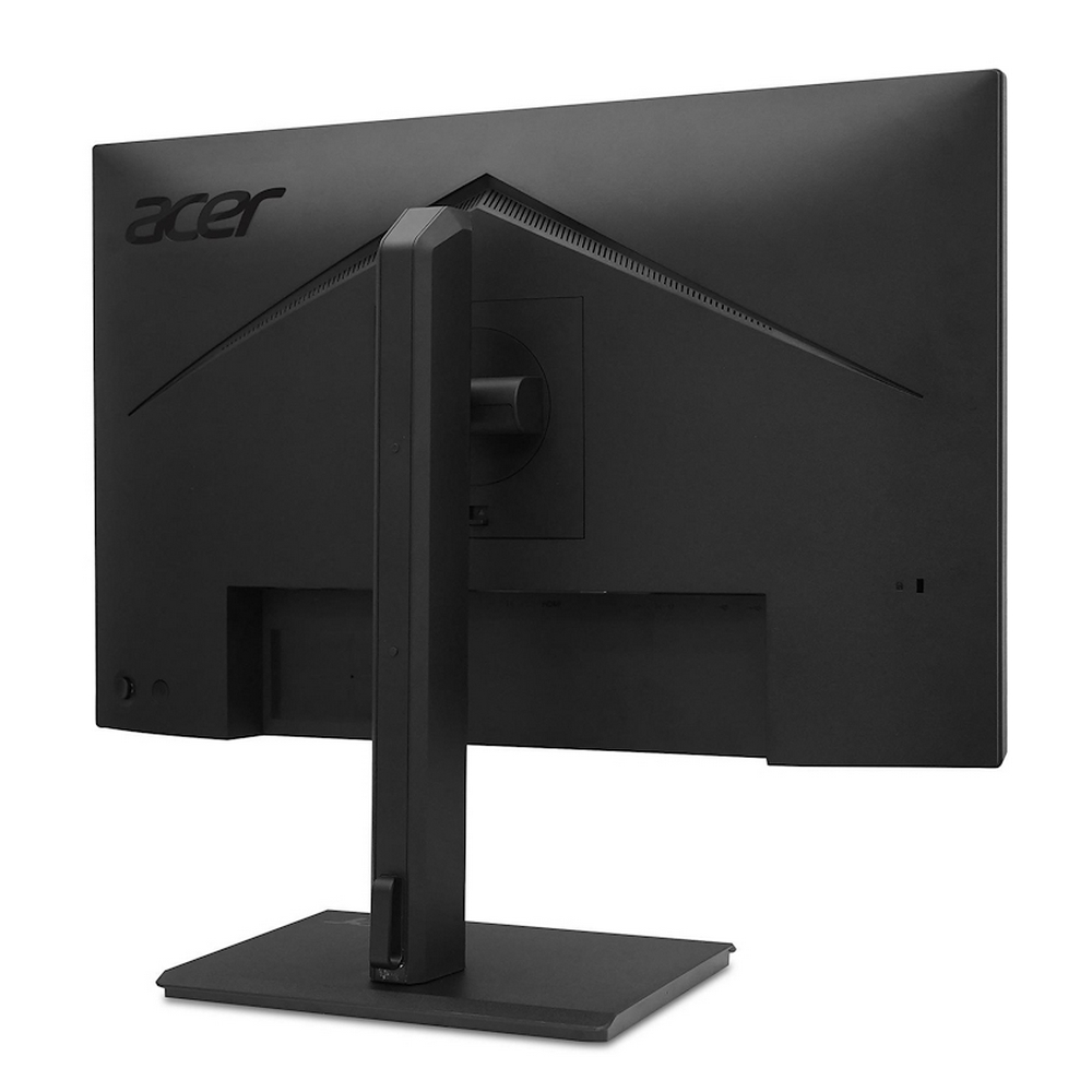 Vista posteriore di un monitor Acer nero con supporto, isolato su bianco.