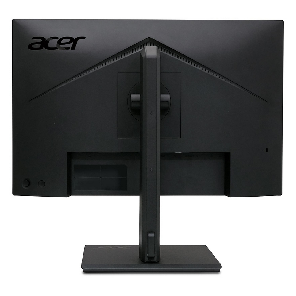 Il retro di un monitor Acer nero con il suo supporto e le porte.