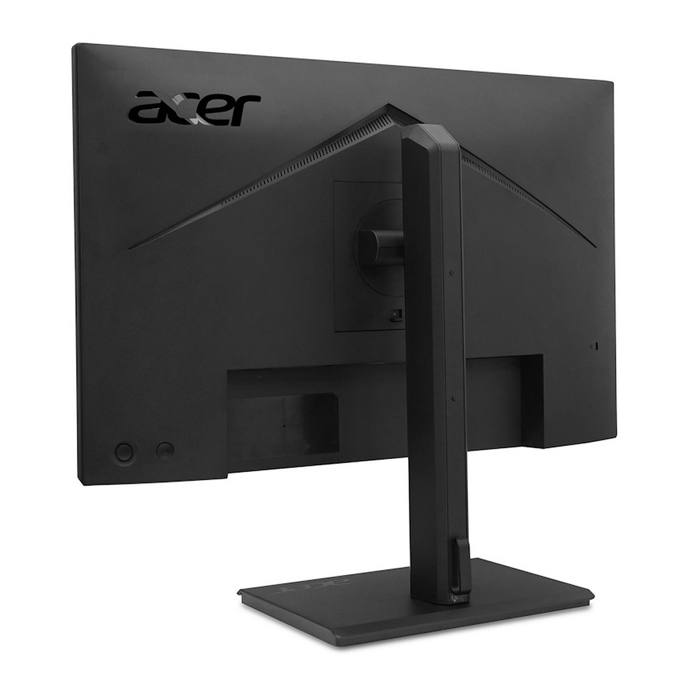 Vista posteriore di un monitor Acer nero su supporto, isolato su bianco.