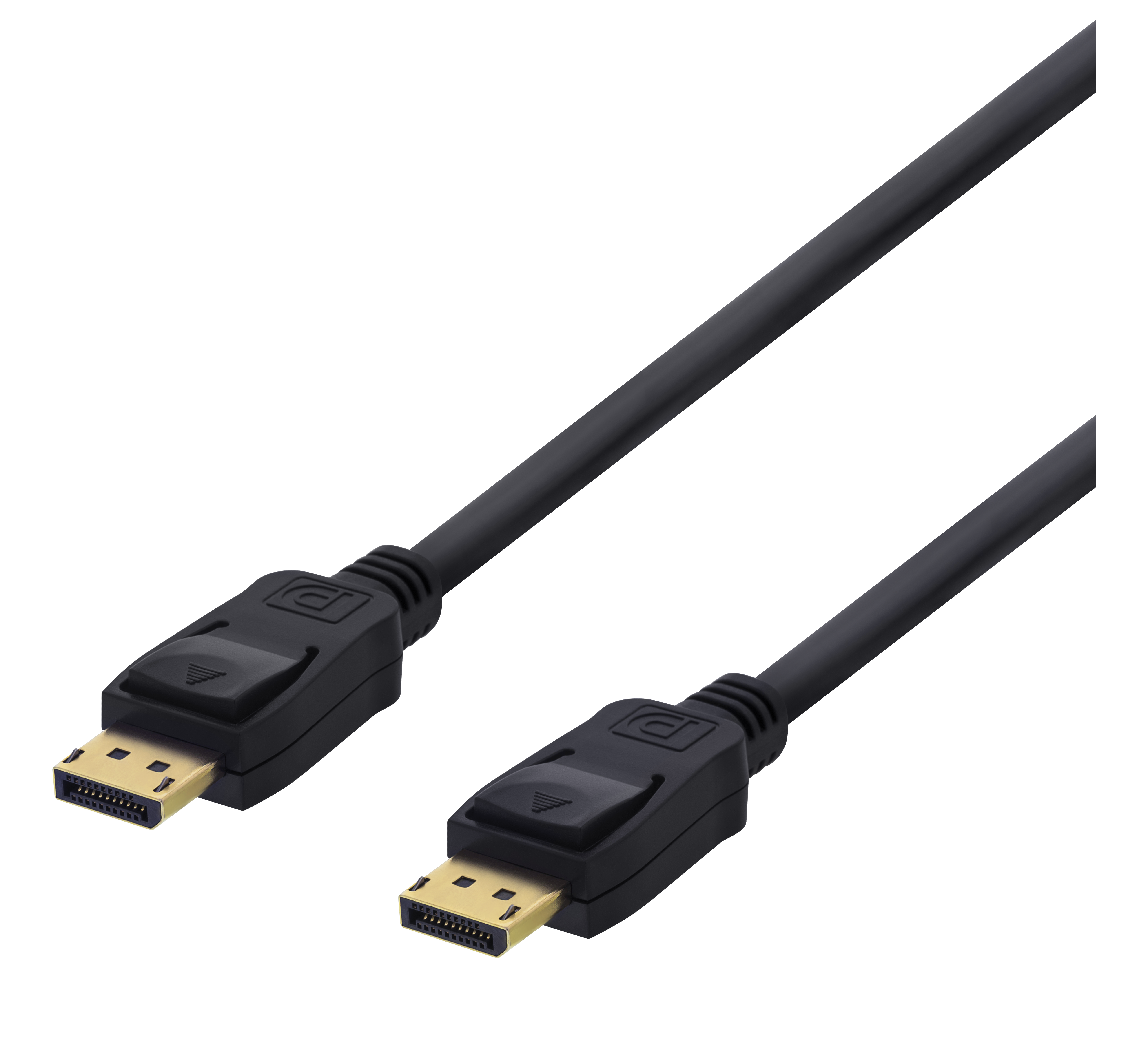 Un cavo DisplayPort nero con connettori dorati su sfondo nero.