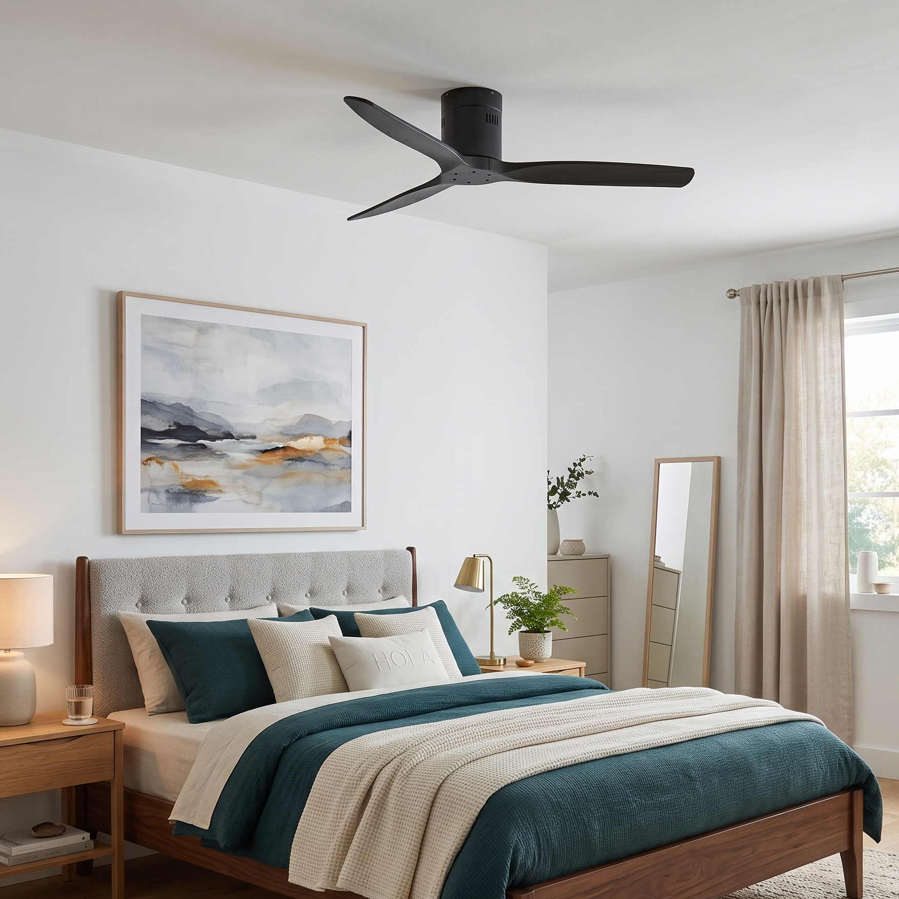 Un dormitorio con cama, ventilador de techo y cuadro.