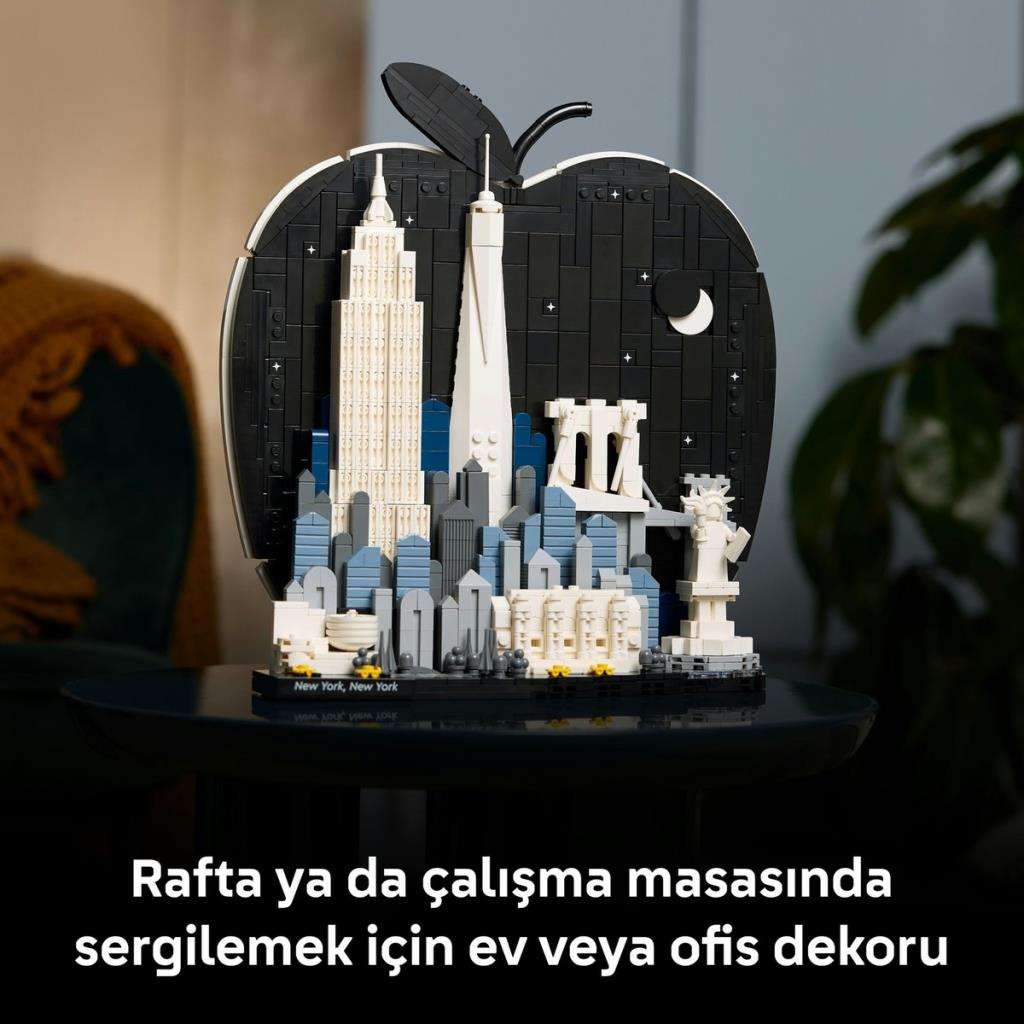 Elma şeklinde çerçevede Lego New York silüeti.