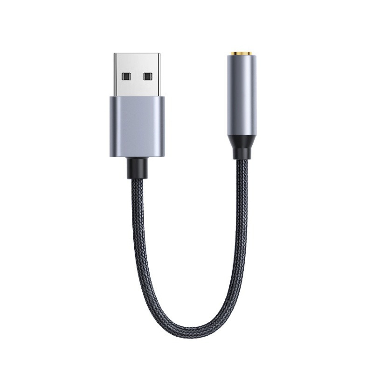 Un cavo adattatore audio USB a 3,5 mm argentato con cavo intrecciato.