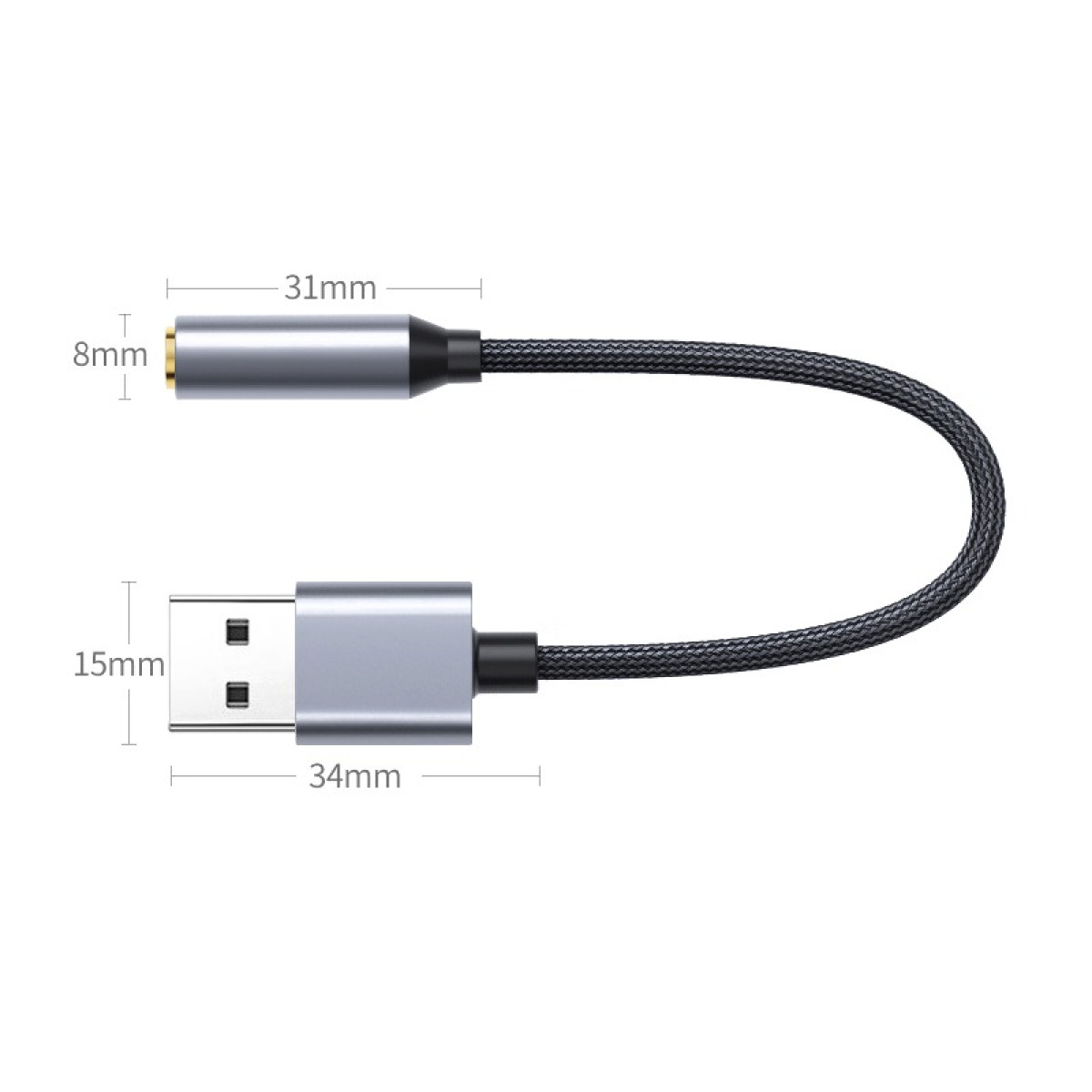 Un adattatore USB a jack da 3,5 mm argentato con dimensioni.