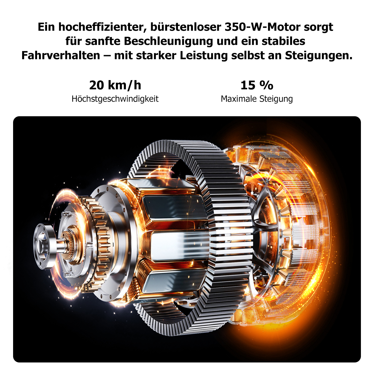 Detailansicht eines bürstenlosen Motors mit Zahnrädern und leuchtenden Elementen.