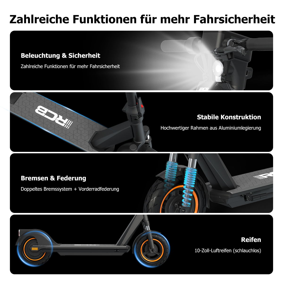 E-Scooter mit Beleuchtung, stabiler Aluminiumkonstruktion, Bremsen, Federung und Reifen.