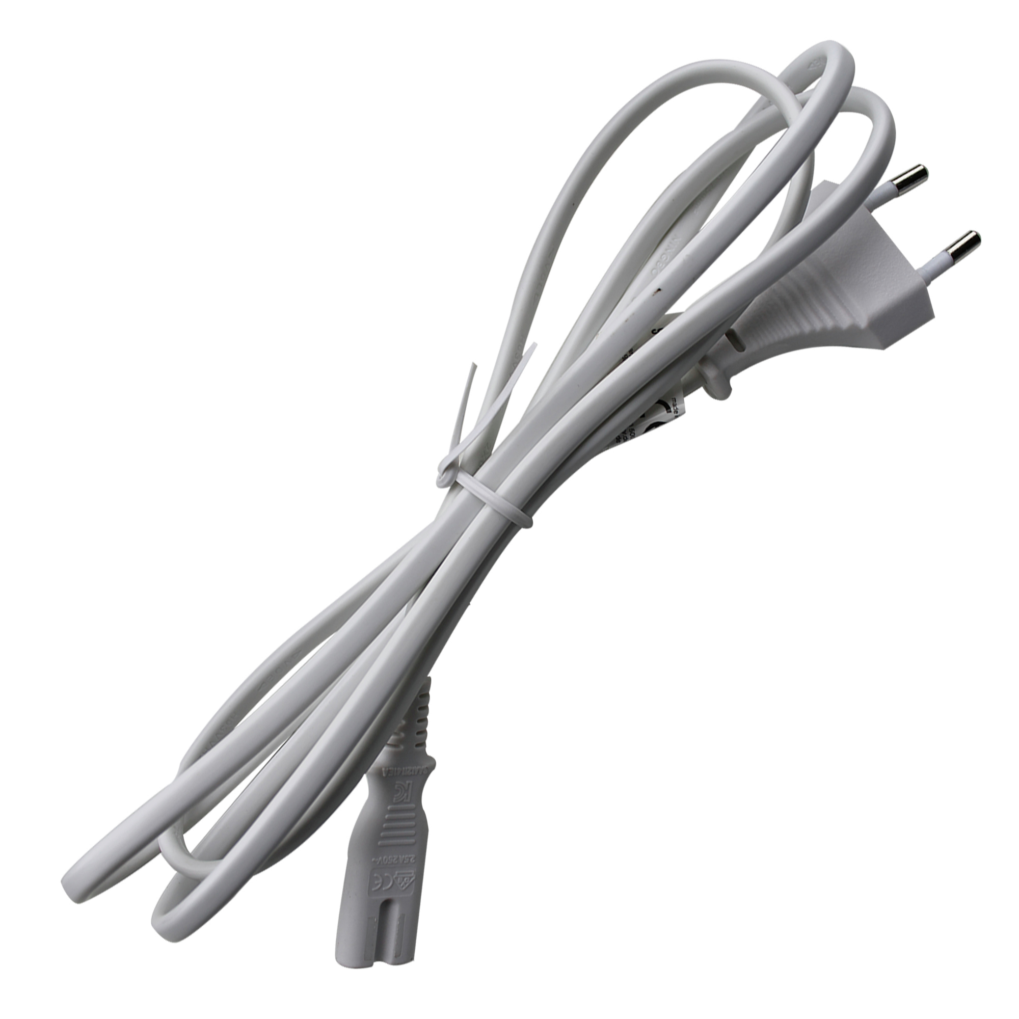 Un cavo di alimentazione bianco con spina europea e connettore C7, legato.