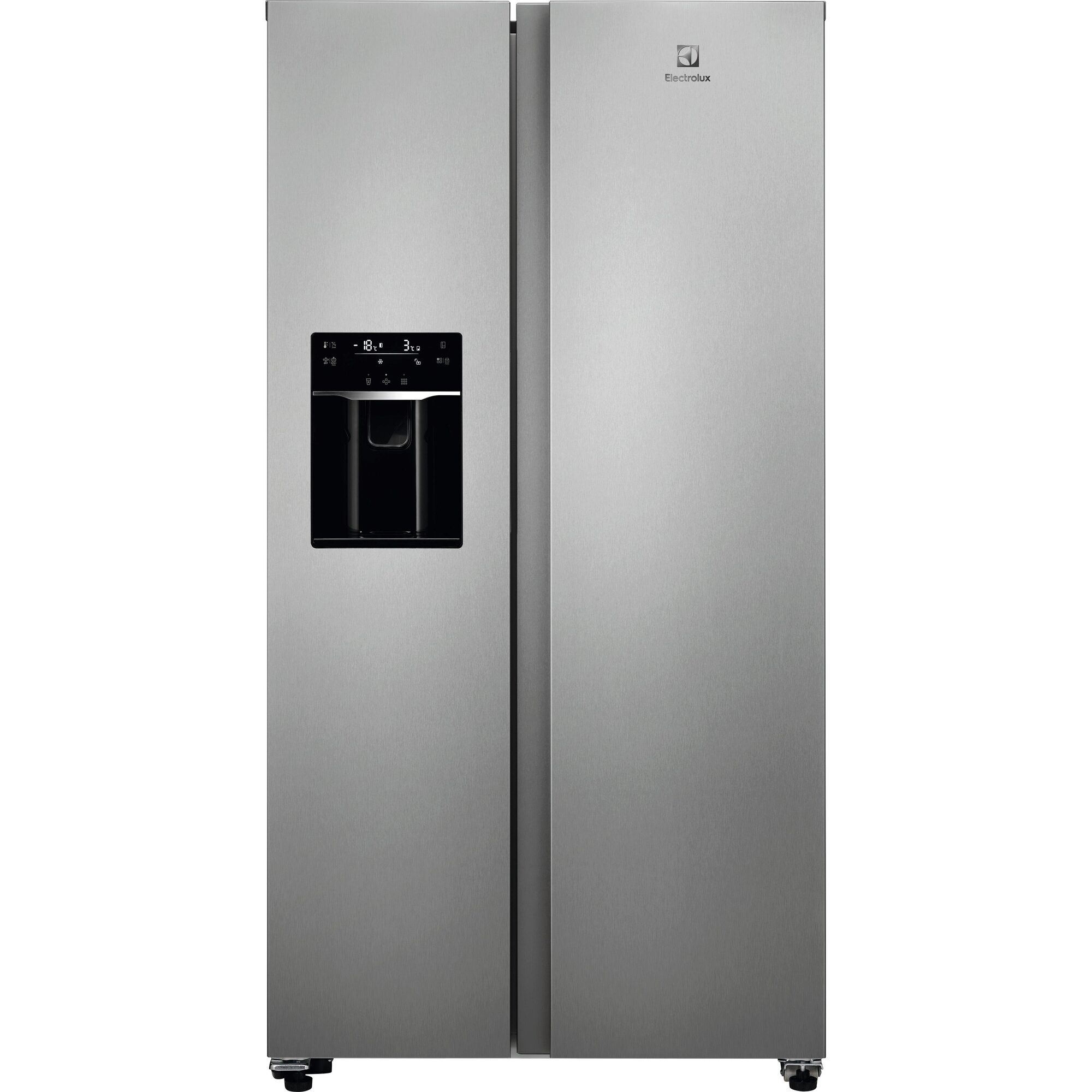 Un refrigerador plateado de dos puertas con dispensador de agua.