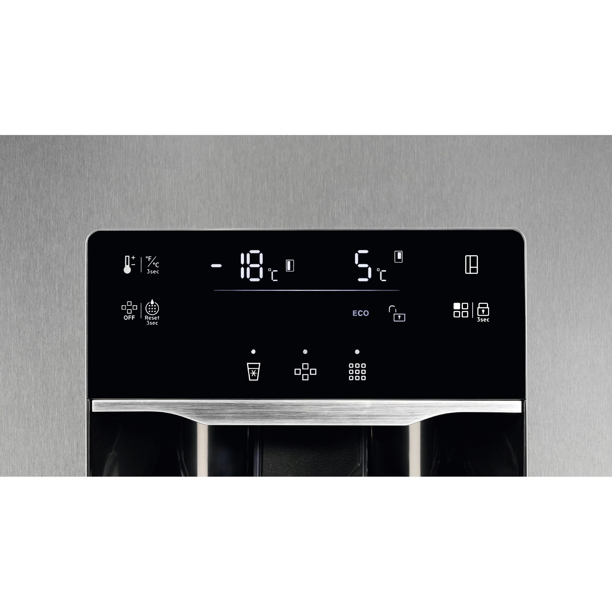 Pantalla digital de un refrigerador con -18°C y 5°C, modo ECO e iconos.