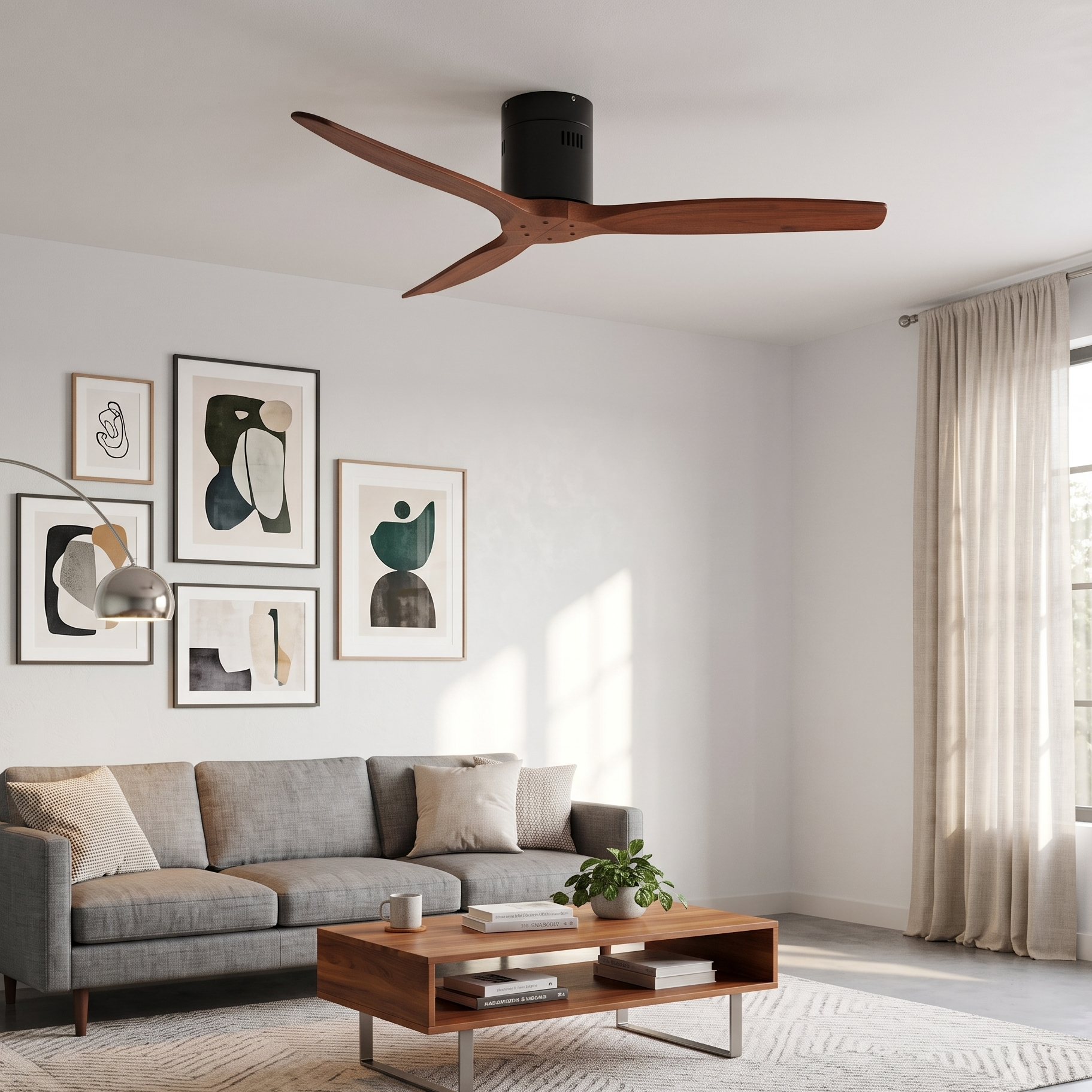Una sala de estar con sofá, mesa de centro, arte y ventilador de techo.