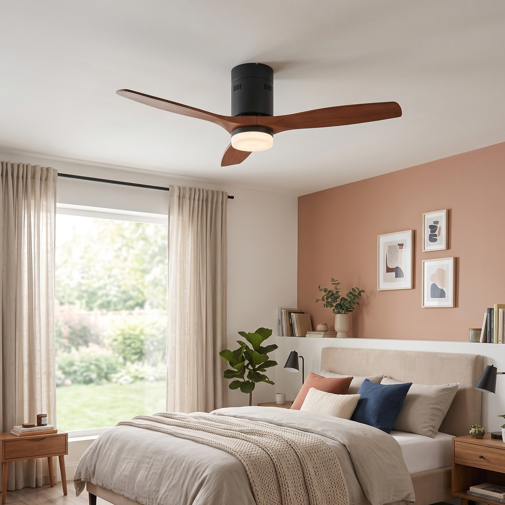 Dormitorio moderno con ventilador de techo negro y madera sobre una cama con ropa de cama neutra.