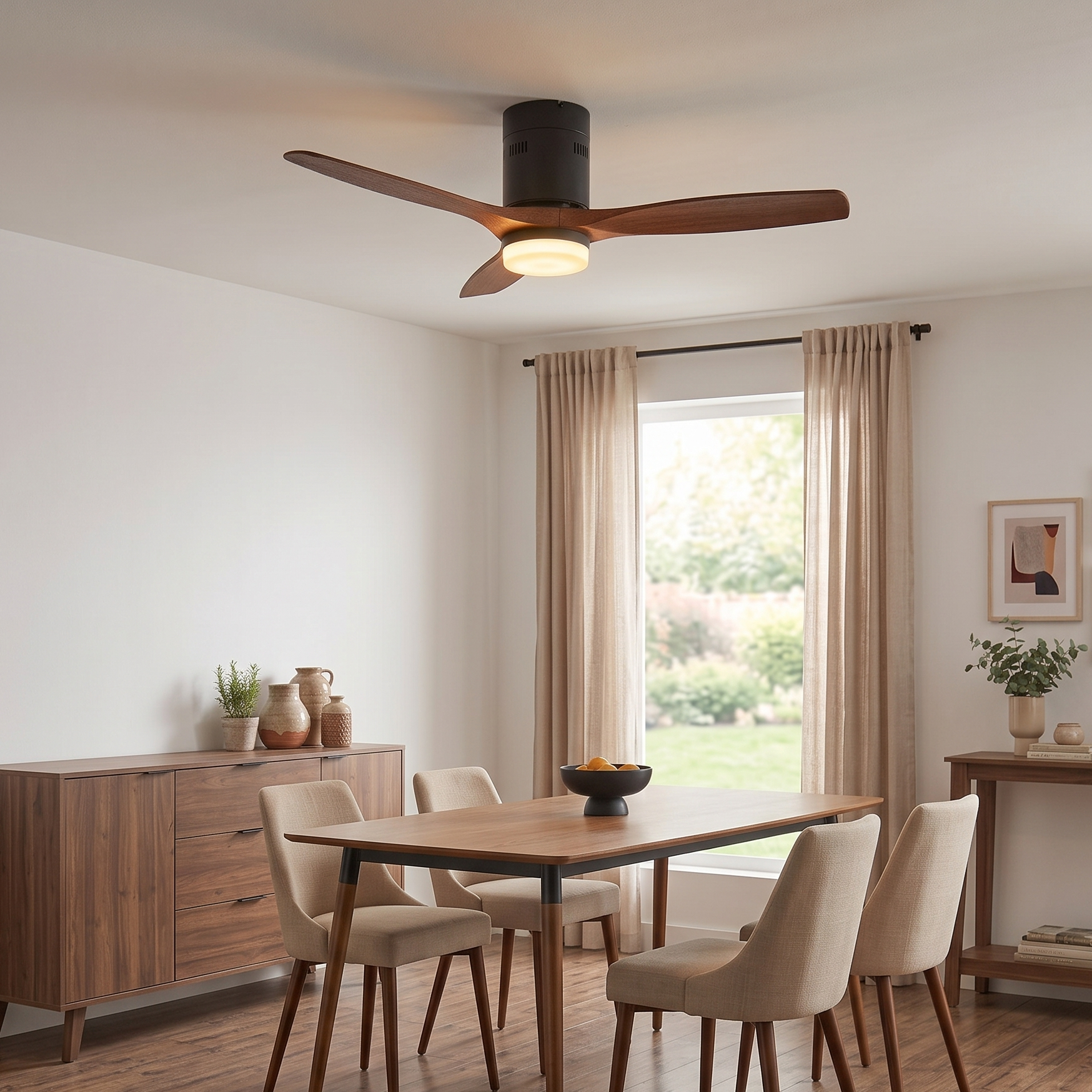 Comedor con mesa de madera, sillas, aparador, ventilador de techo y ventana.