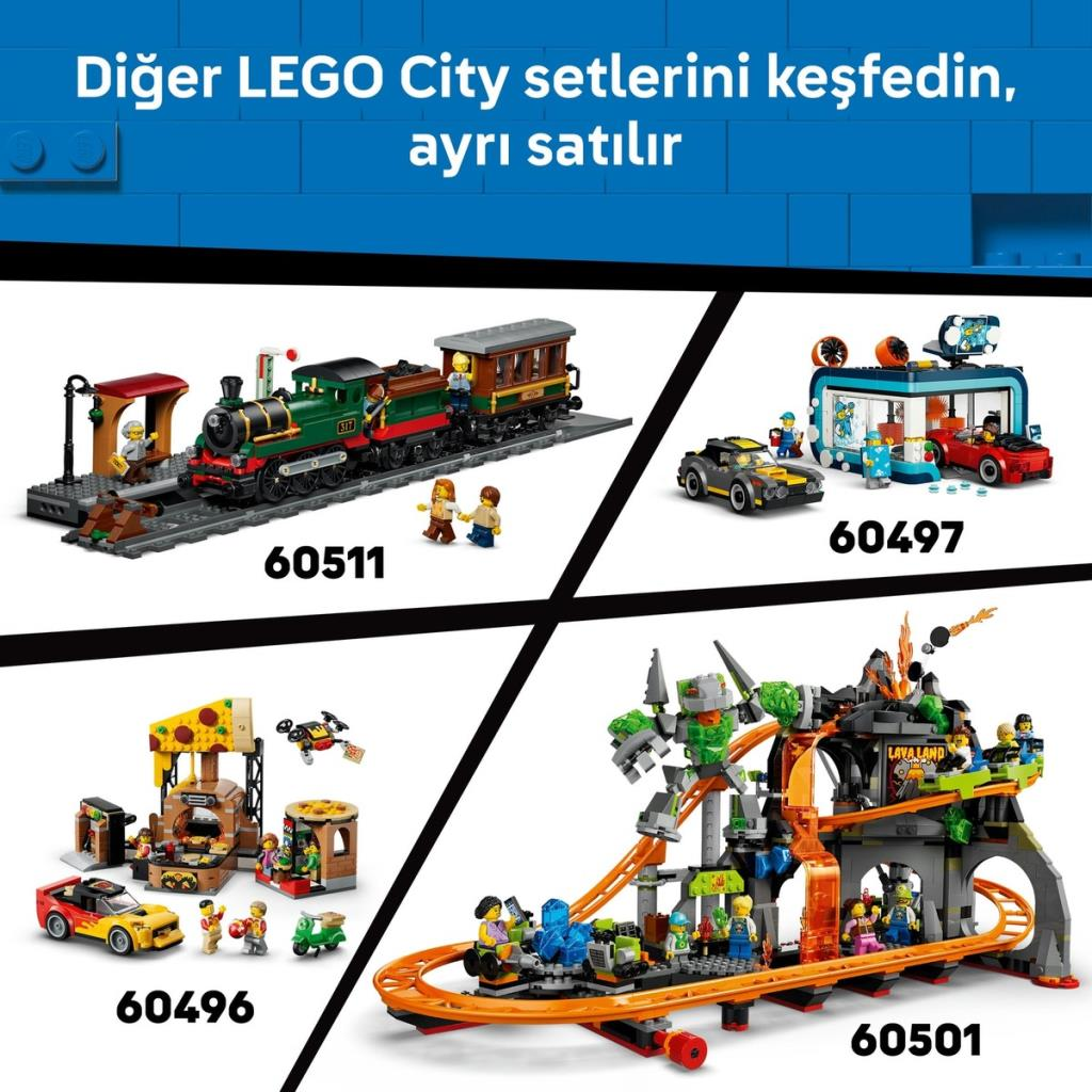 Dört LEGO City seti: tren, benzin istasyonu, pizzacı, volkan hız treni.