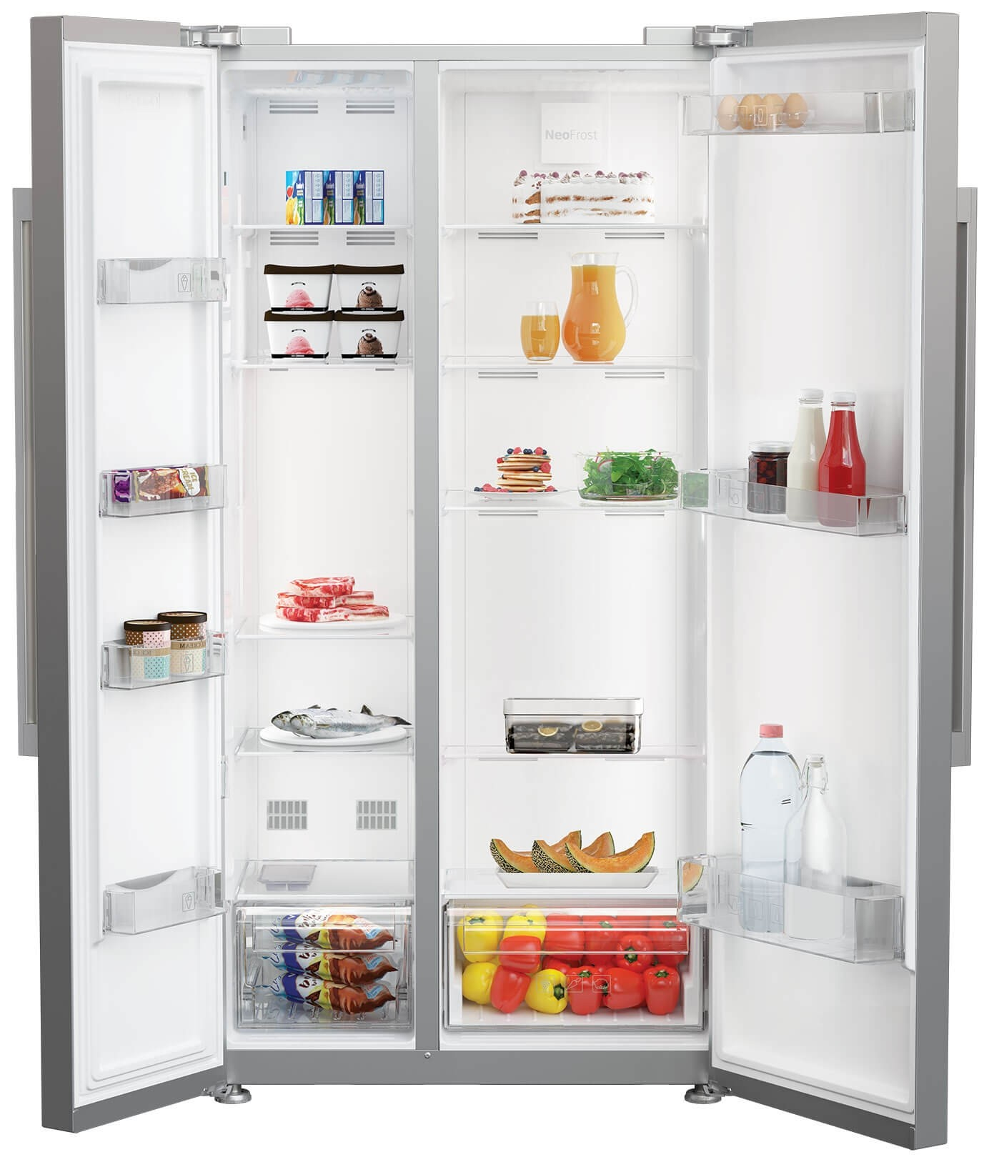 Ein offener Kühlschrank mit Lebensmitteln wie Eis, Fleisch, Fisch, Gemüse, Obst und Getränken.