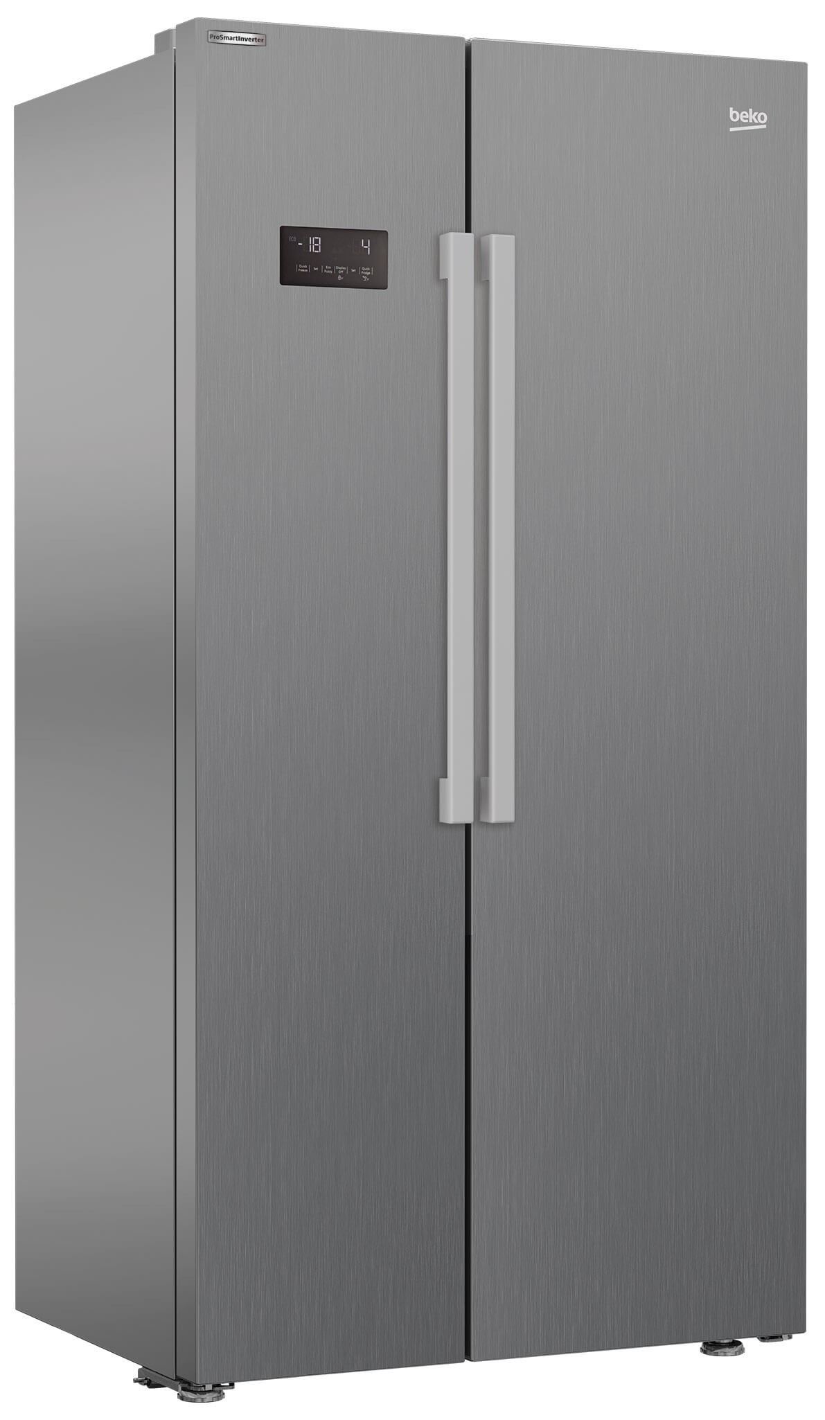 Ein Beko Side-by-Side-Kühlschrank aus gebürstetem Metall mit silbernen Griffen und Digitalanzeige.