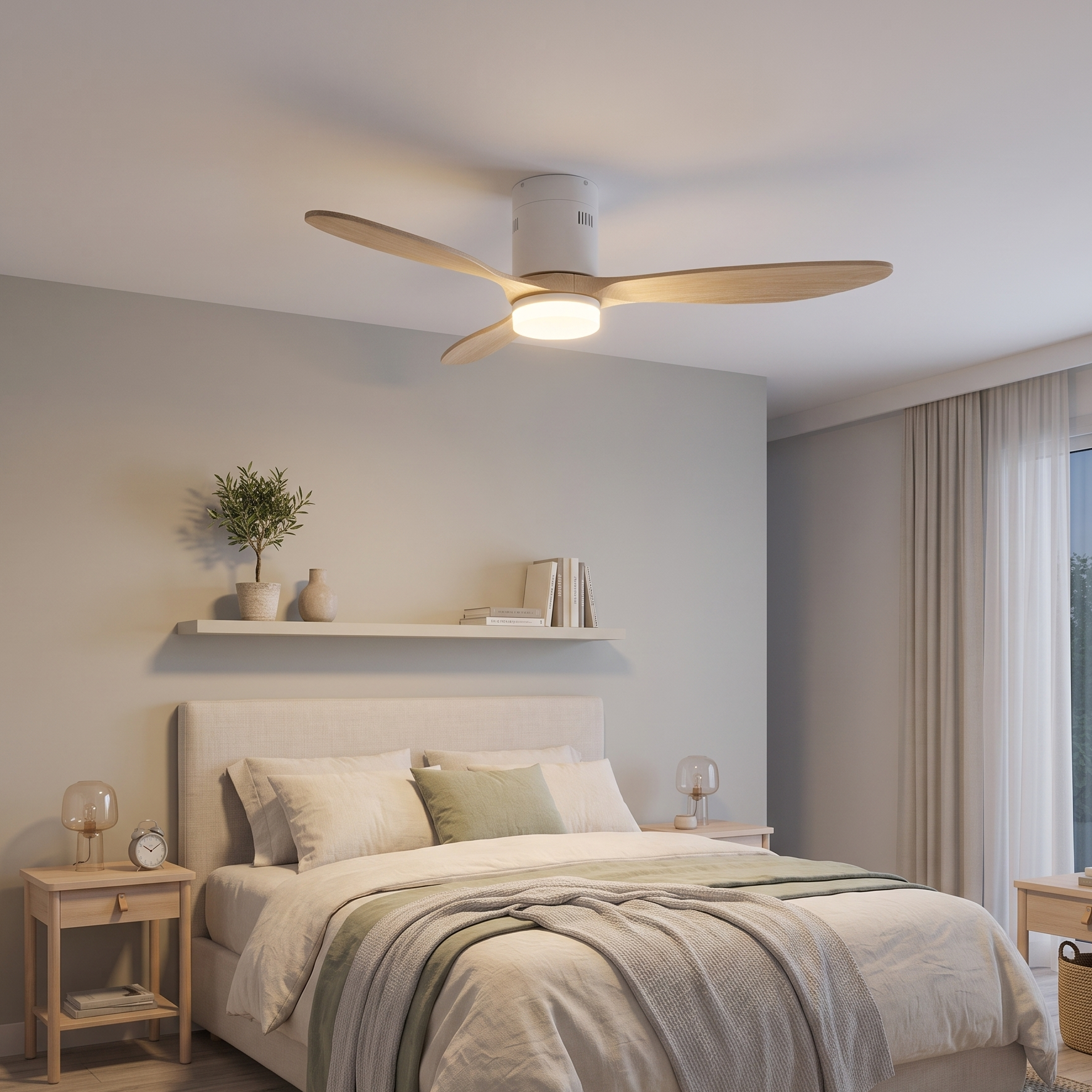 Un dormitorio con cama, mesitas de noche, ventilador de techo y ventana.